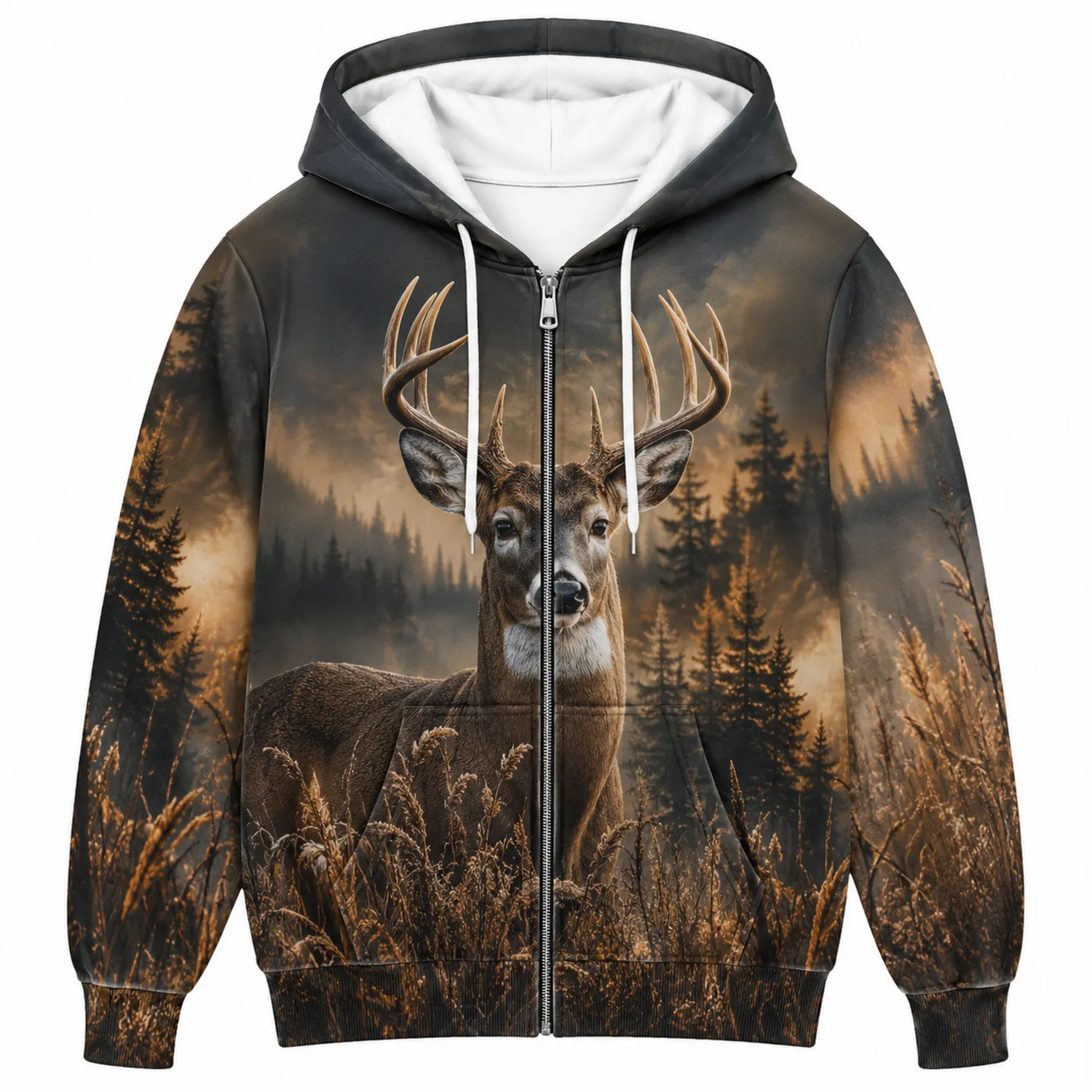 3D Druck Hoodie mit Hirschmotiv und Reißverschluss Braun/Beige