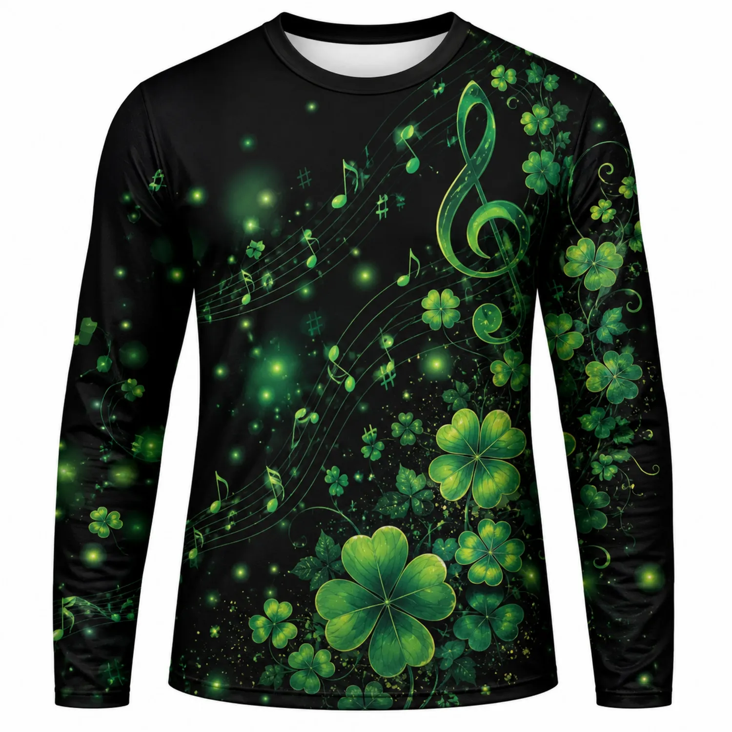 Herren-Langarmshirt mit Kleeblatt und Musiknoten Design in Schwarz/Grün