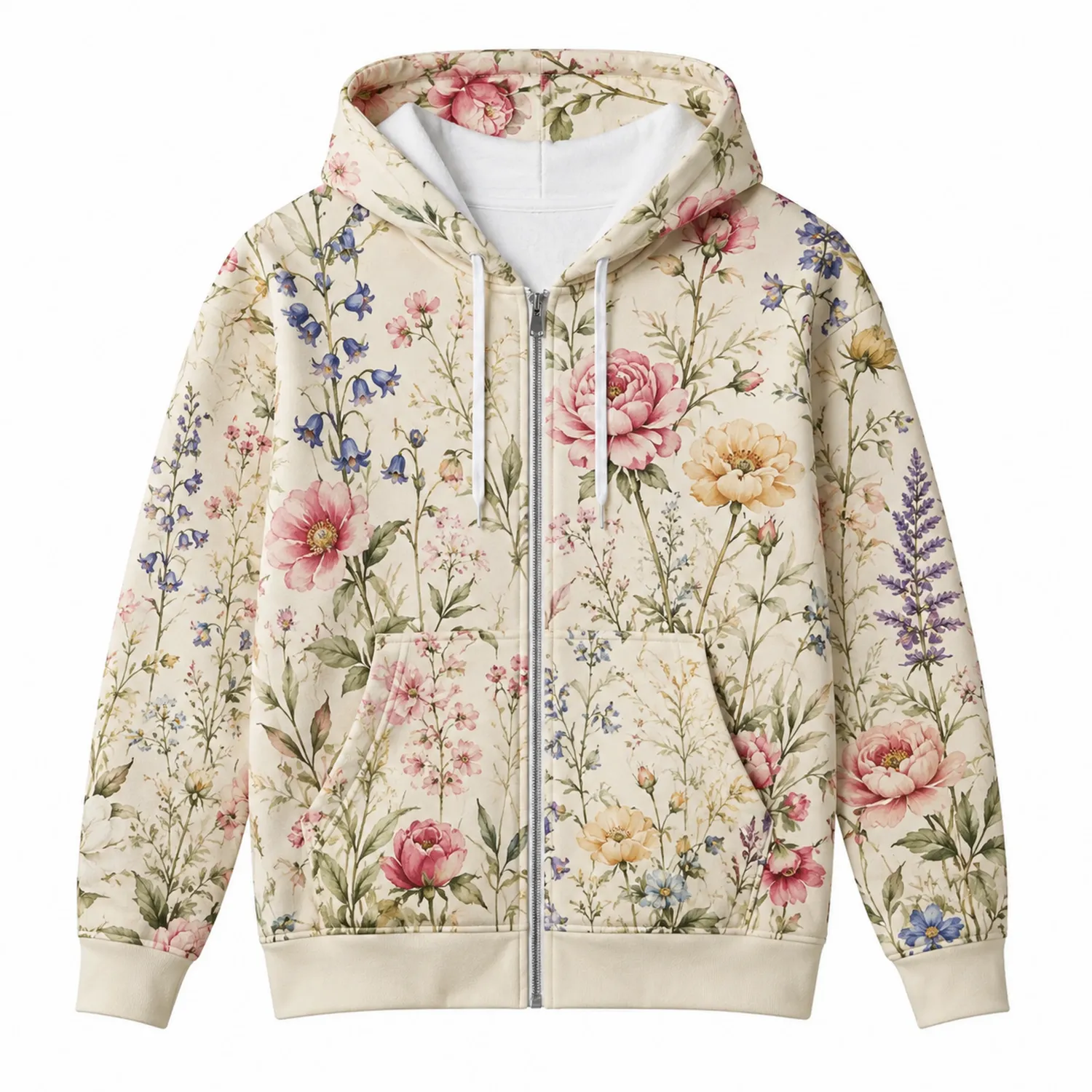 Felpa con Cappuccio Floreale Beige con Zip