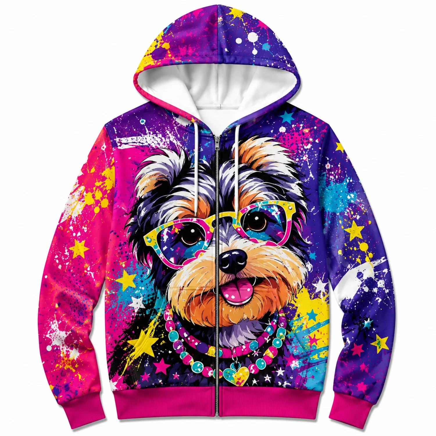 Felpa con Cappuccio Cerniera Stampa Cane Multicolore Vivace