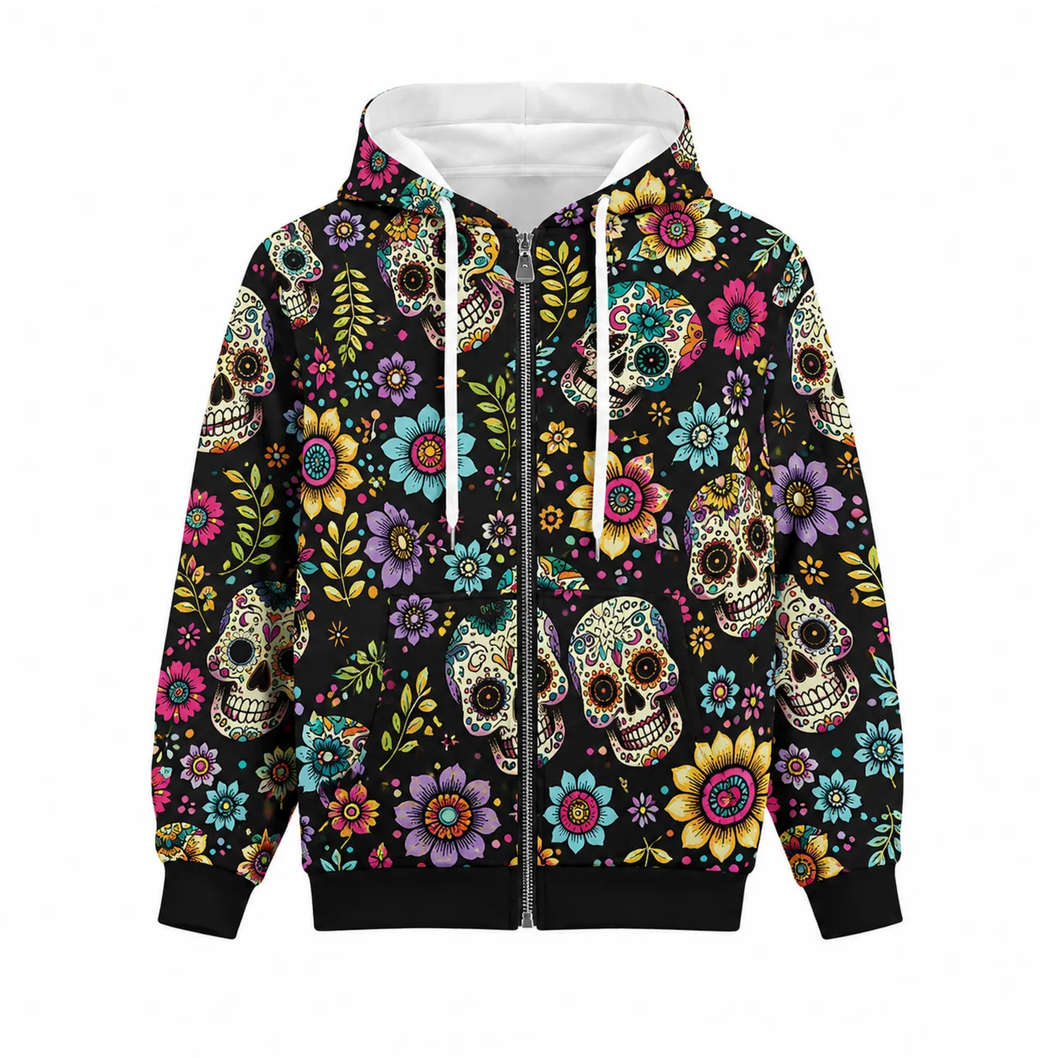 Felpa con Cappuccio Teschi e Fiori Multicolore
