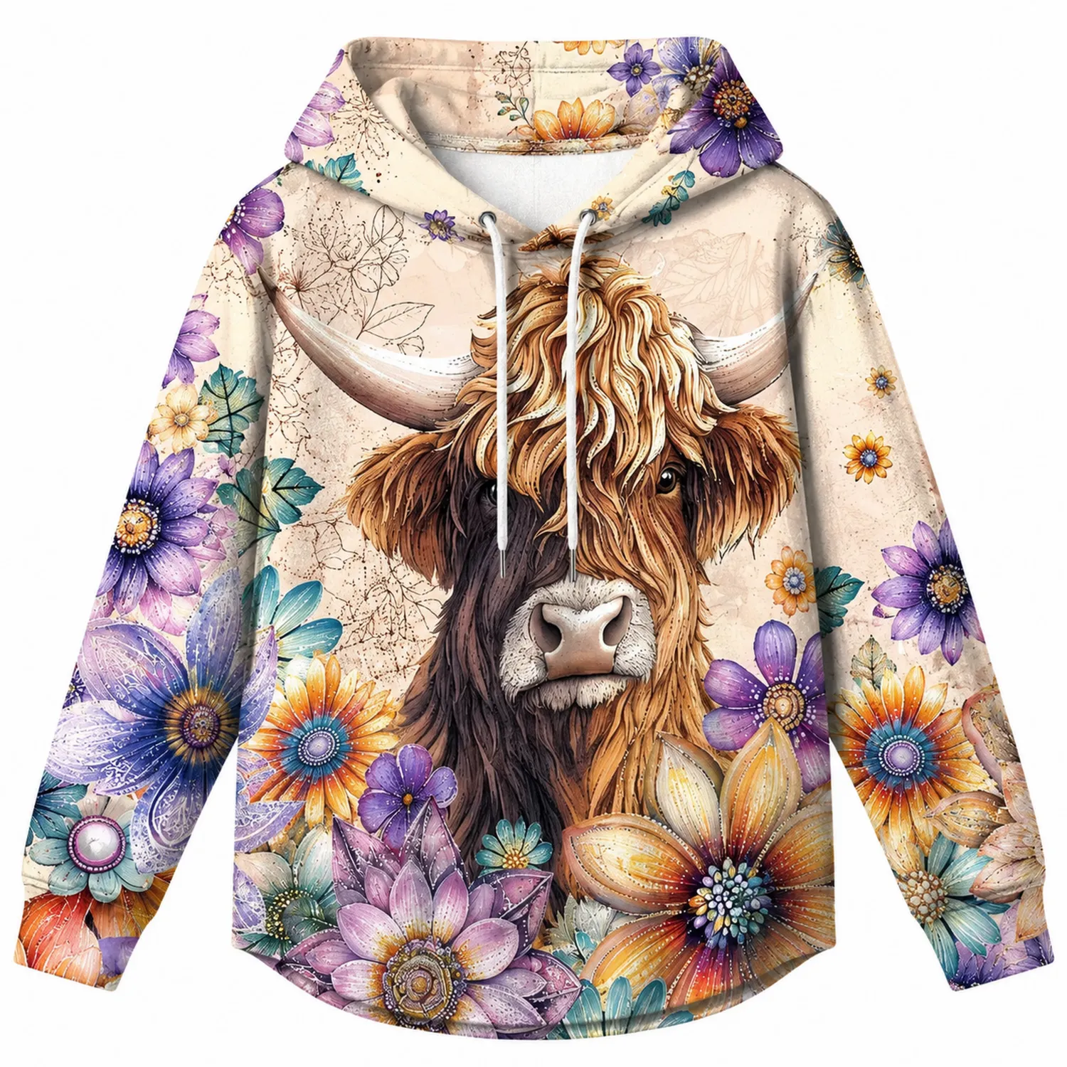 Felpa con Cappuccio Stampata Mucca e Fiori Multicolore