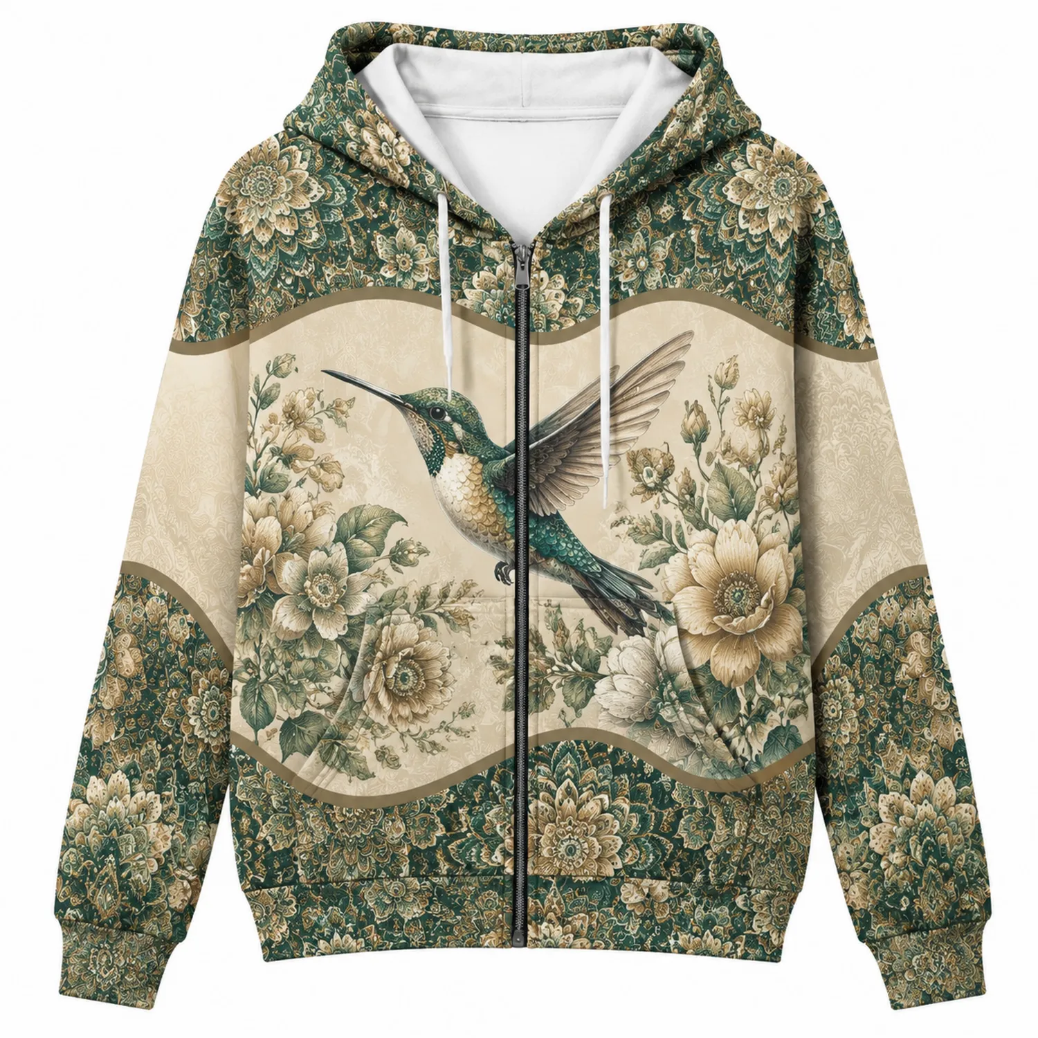 Felpa con Cappuccio e Zip Colibrì Floreale Verde e Beige