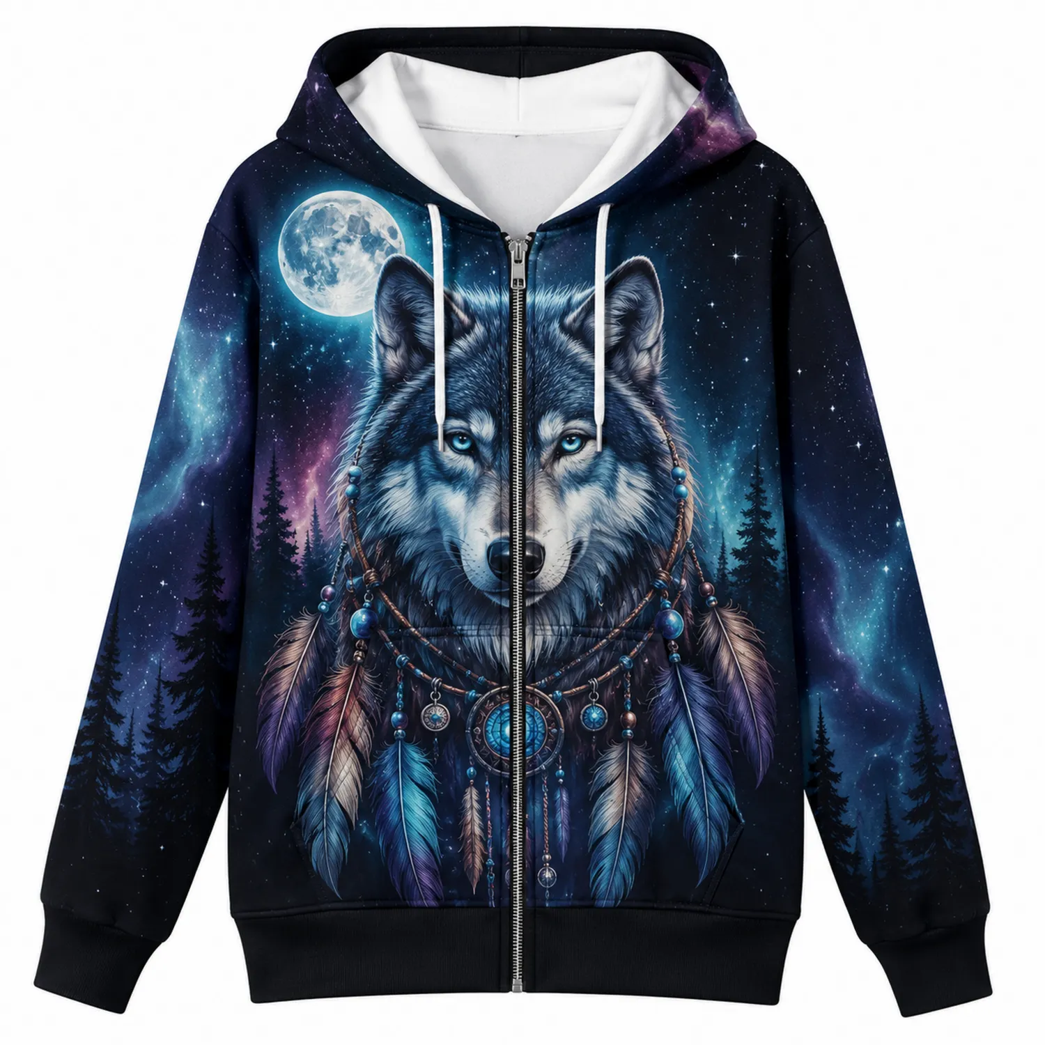 Felpa con Cappuccio Unisex Stampa Lupo 3D Nero Blu