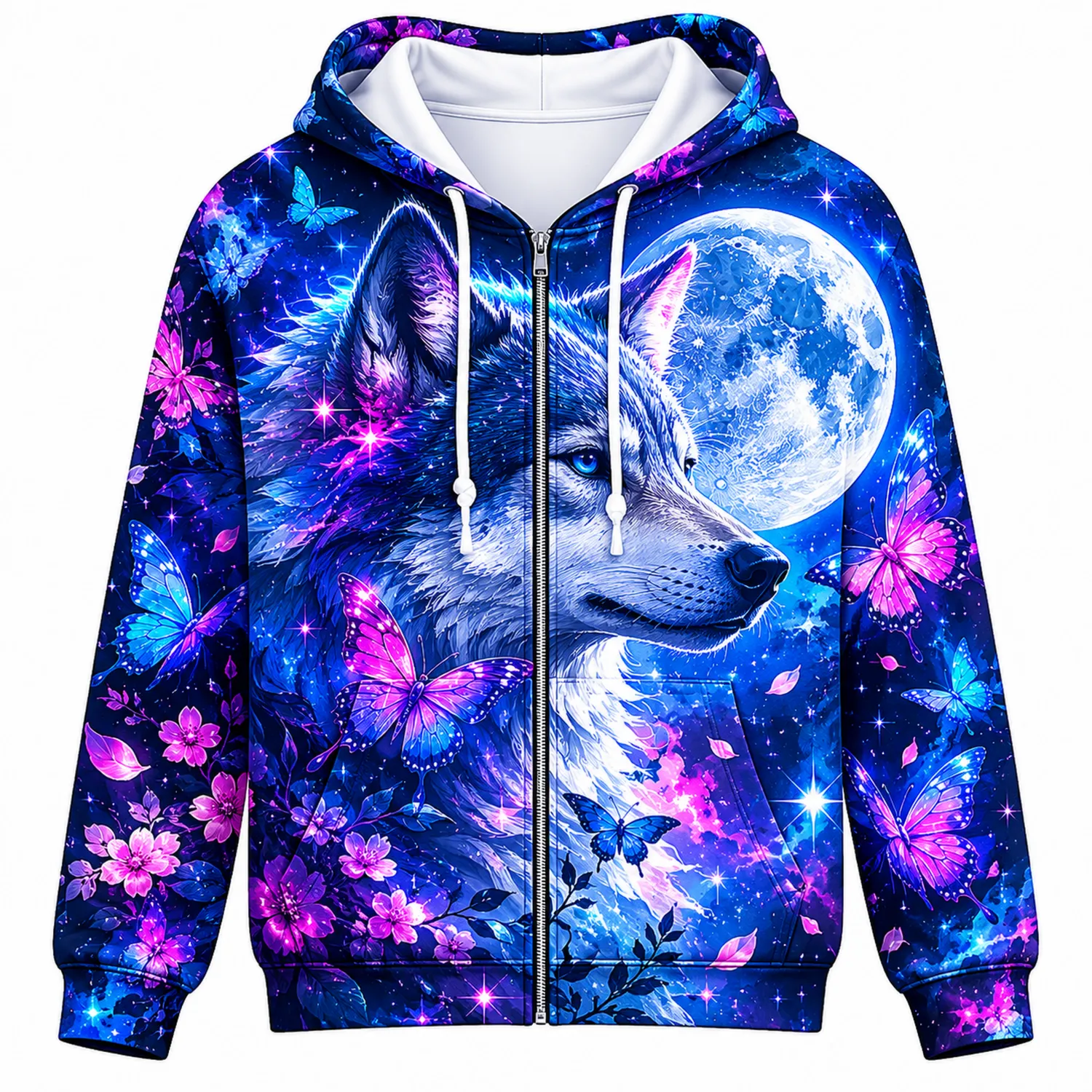 Felpa con Cappuccio 3D Lupo e Farfalle Blu Notte