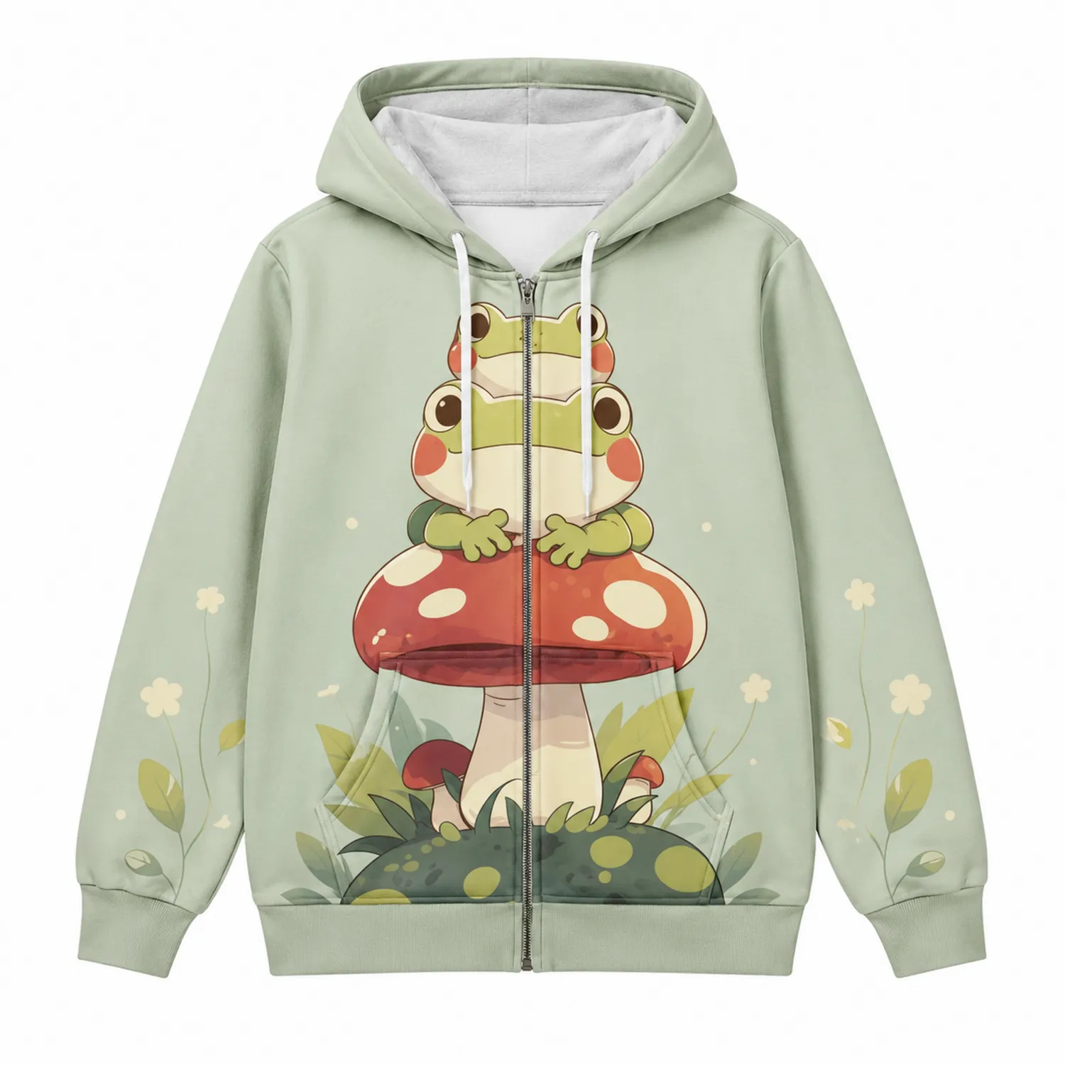 Felpa con Cappuccio con Zip e Stampa di Rana e Fungo Verde