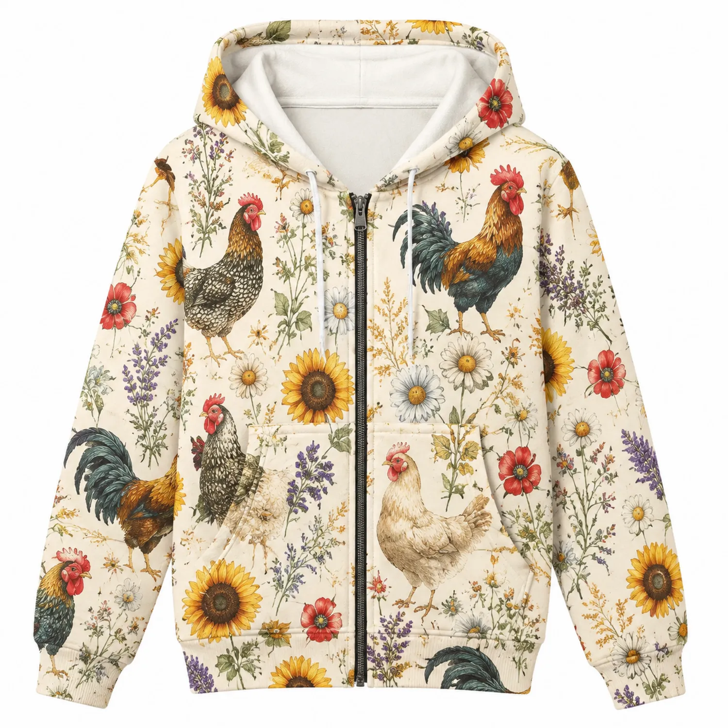 Felpa con Cappuccio Stampa Galli e Fiori Beige Multicolore