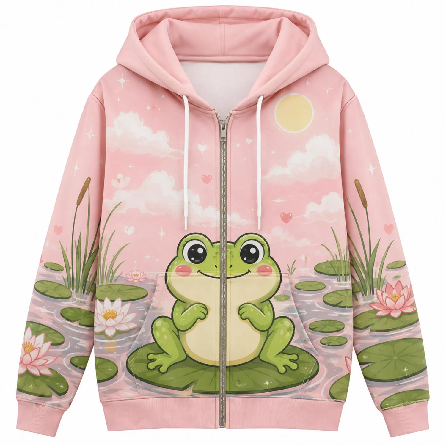 Felpa con Cappuccio Unisex con Stampa di Rana e Loto Rosa