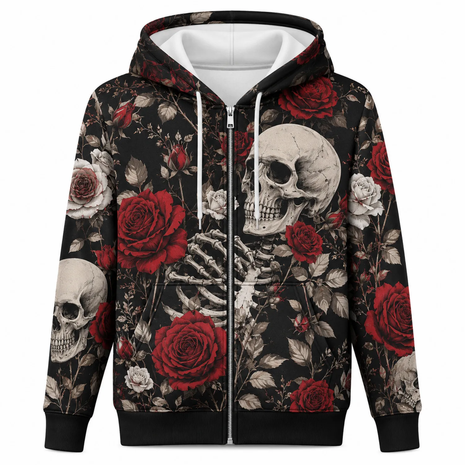 Felpa con Cappuccio Floreale Teschio e Rose Nero Rosso