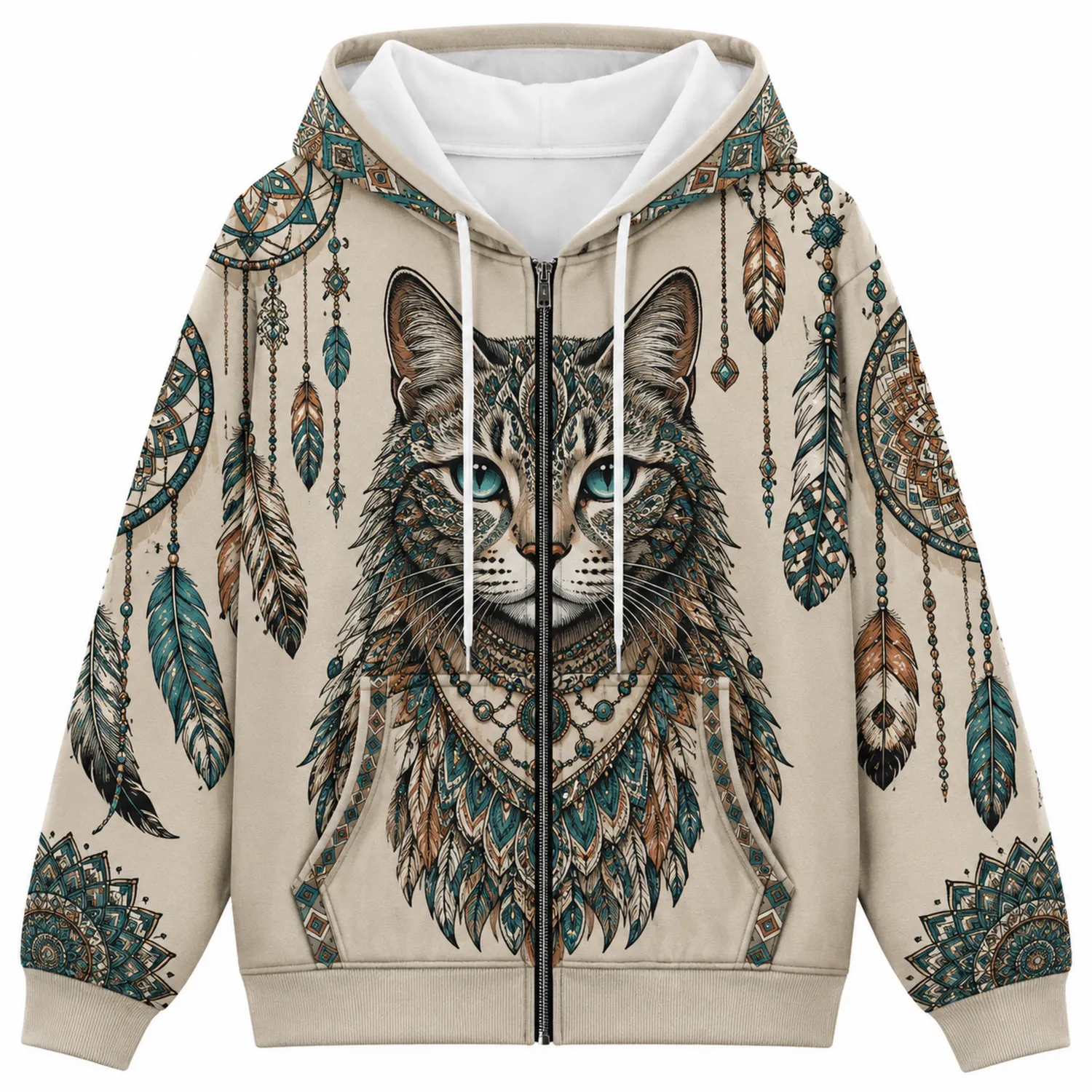 Felpa con Cappuccio Gatto Acchiappasogni con Zip Beige