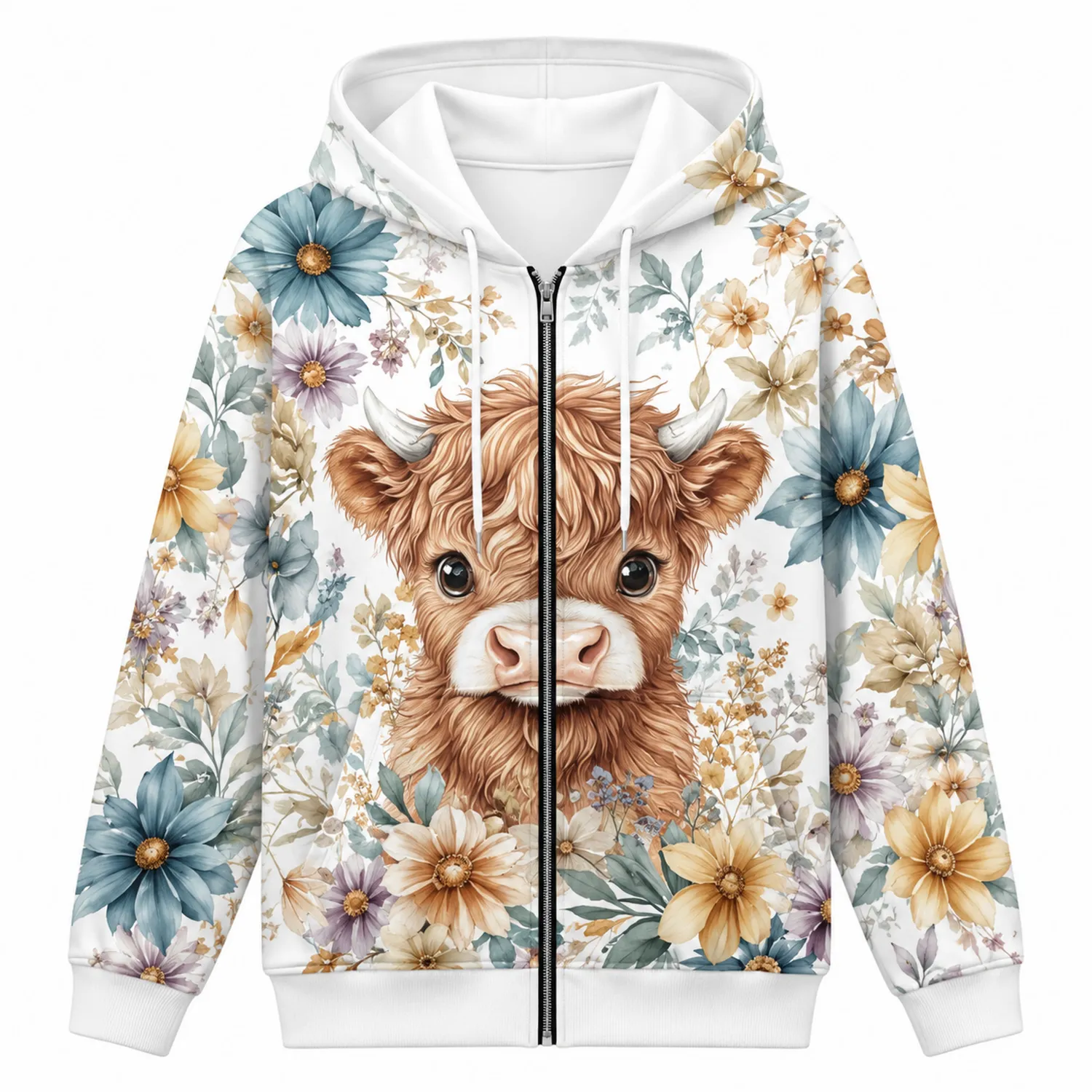 Felpa con Cappuccio Zip Stampa Mucca e Fiori Multicolore