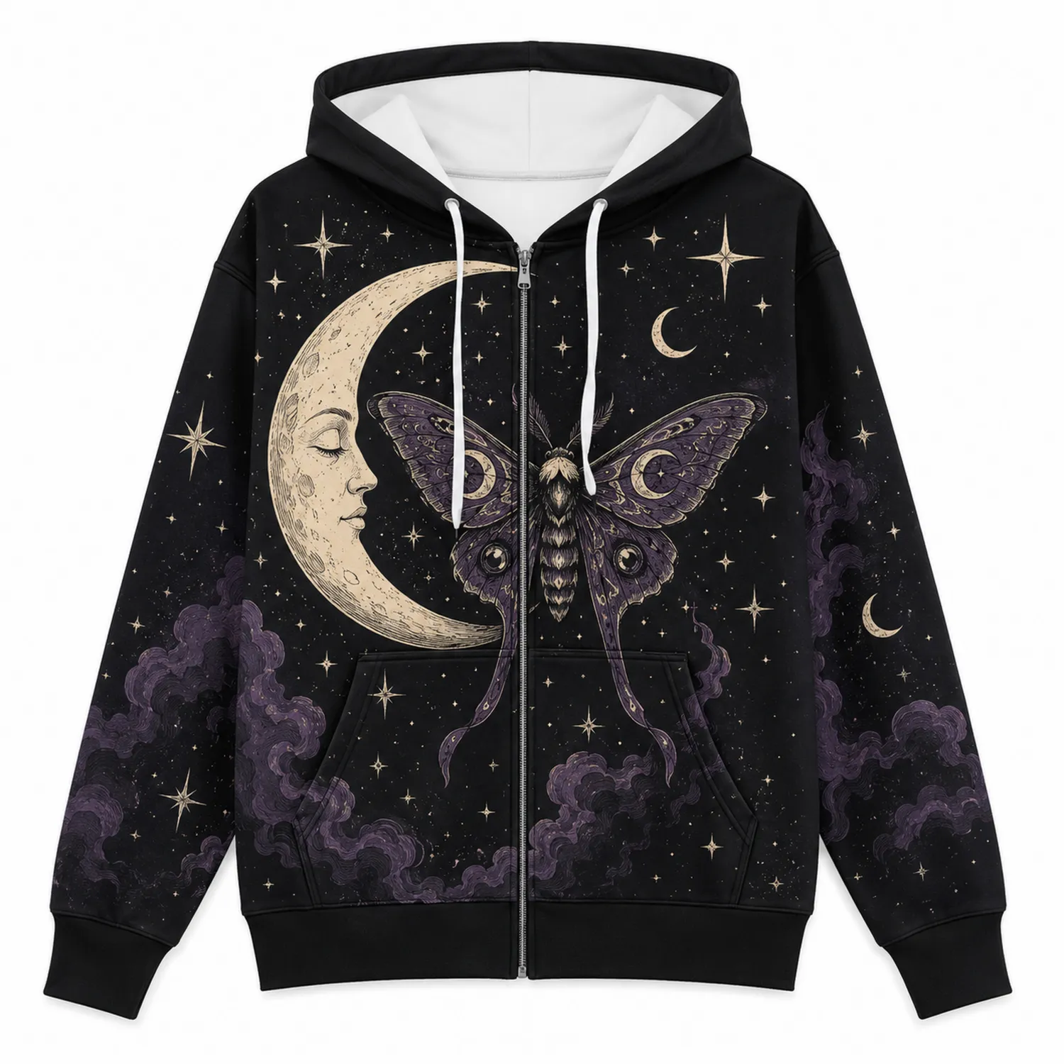 Felpa con Cappuccio Stampa Moth e Luna Nera