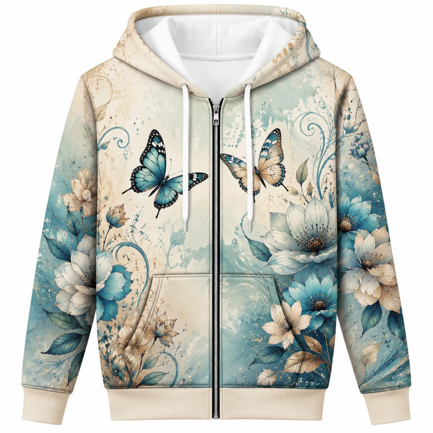 Felpa con Cappuccio con Zip Motivo Farfalle e Fiori Beige e Blu