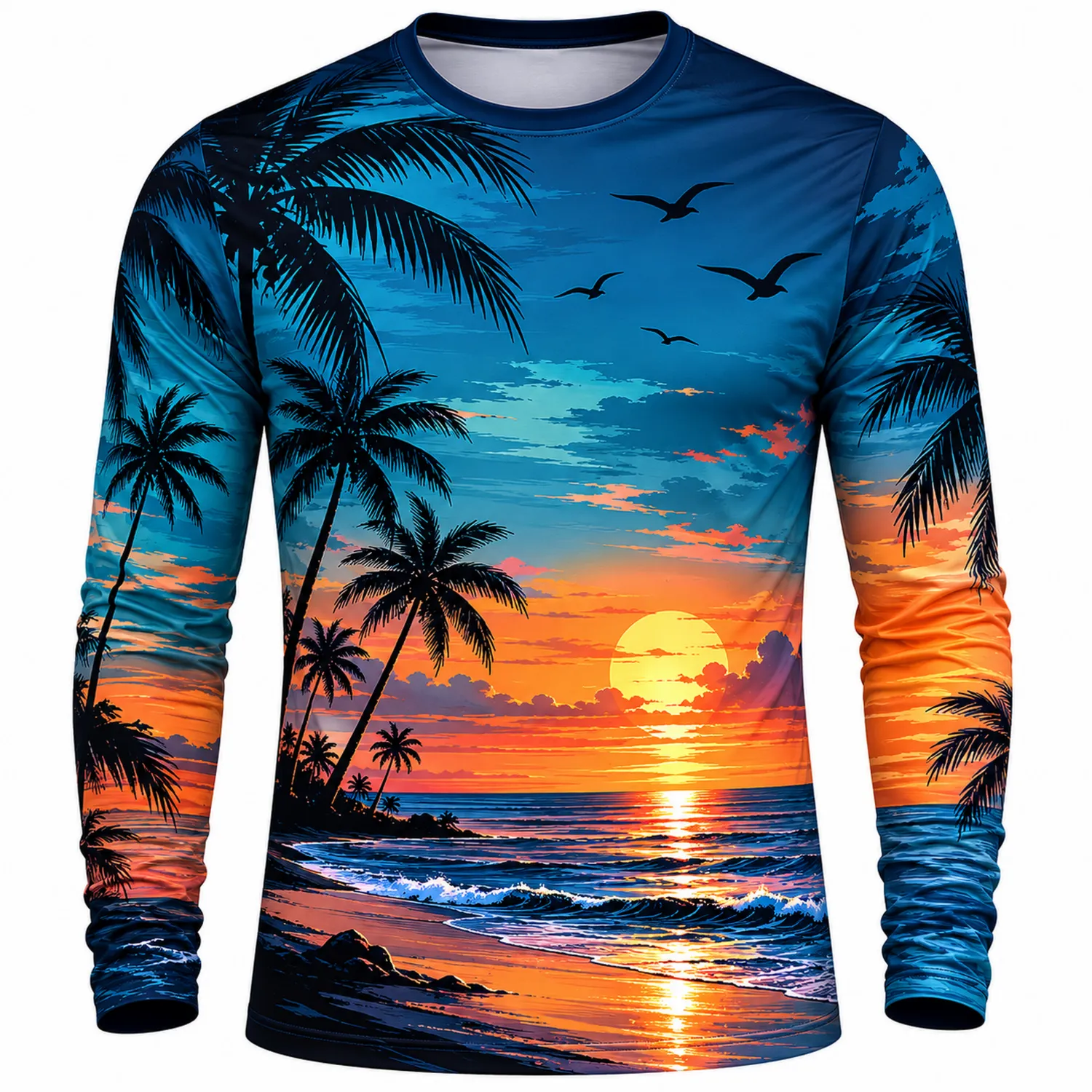 Maglia a Maniche Lunghe con Stampa al Tramonto su Spiaggia Tropicale
