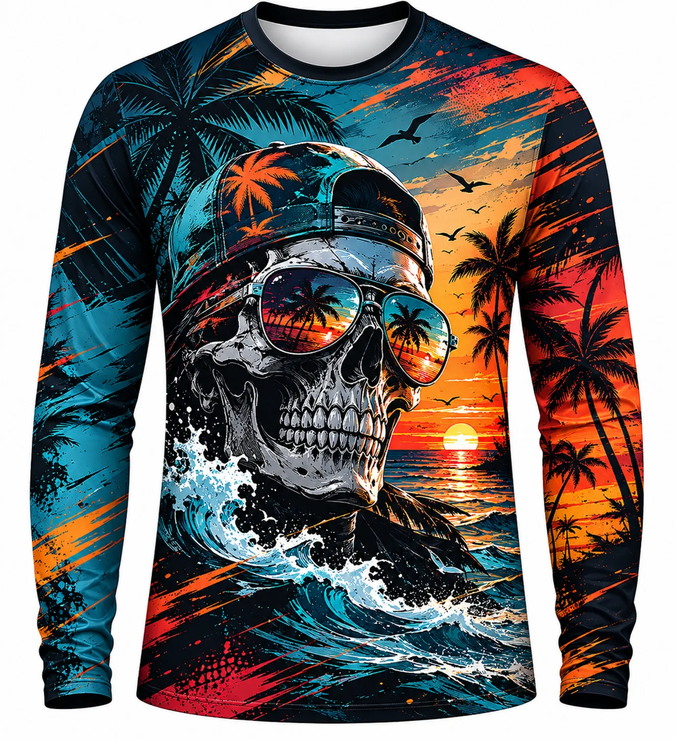 Maglia a Maniche Lunghe con Motivo Teschio e Tramonto Tropicale