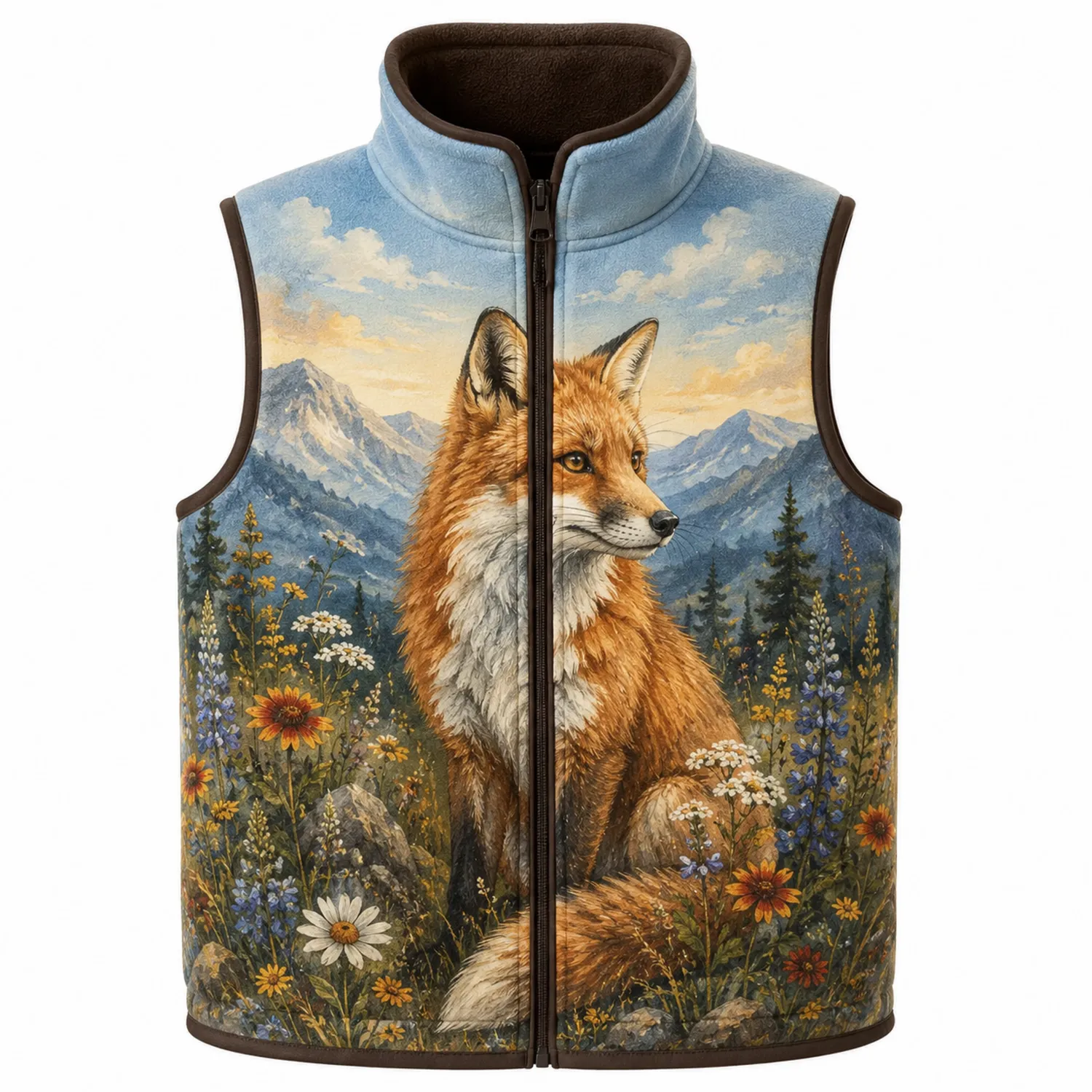 Gilet unisex con stampa volpe paesaggio montano