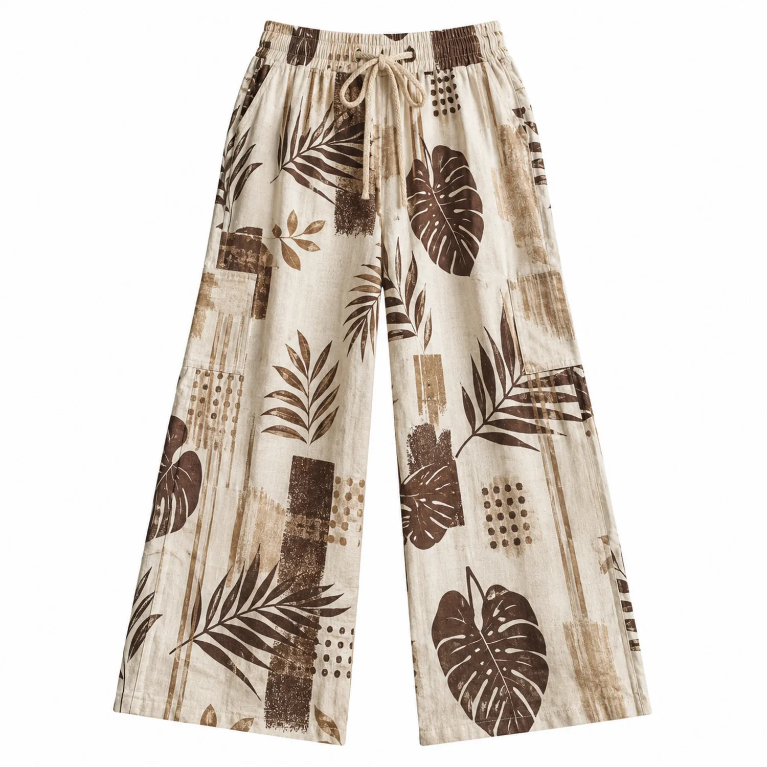 Damen Sommerhose mit Blattmuster Braun/Beige-Hauslivingart