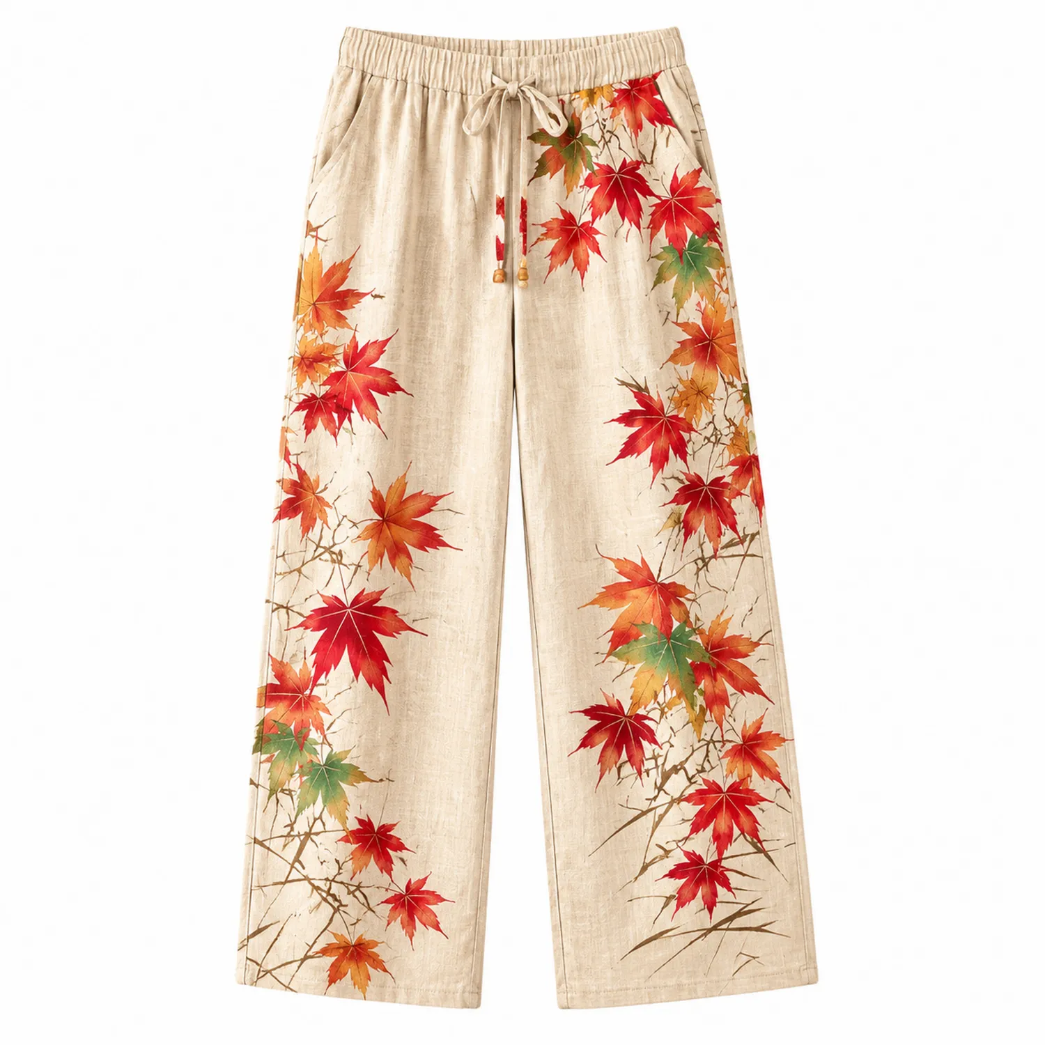 Damenhose mit Herbstlaubmuster Elastikbund Beige/Rot-Hauslivingart