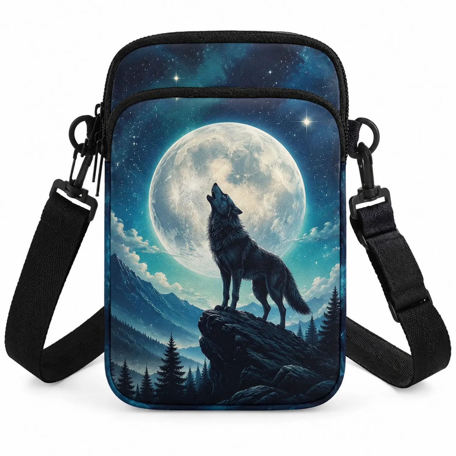 Kleine Umhängetasche Wolf Mond Design Blau-Hauslivingart