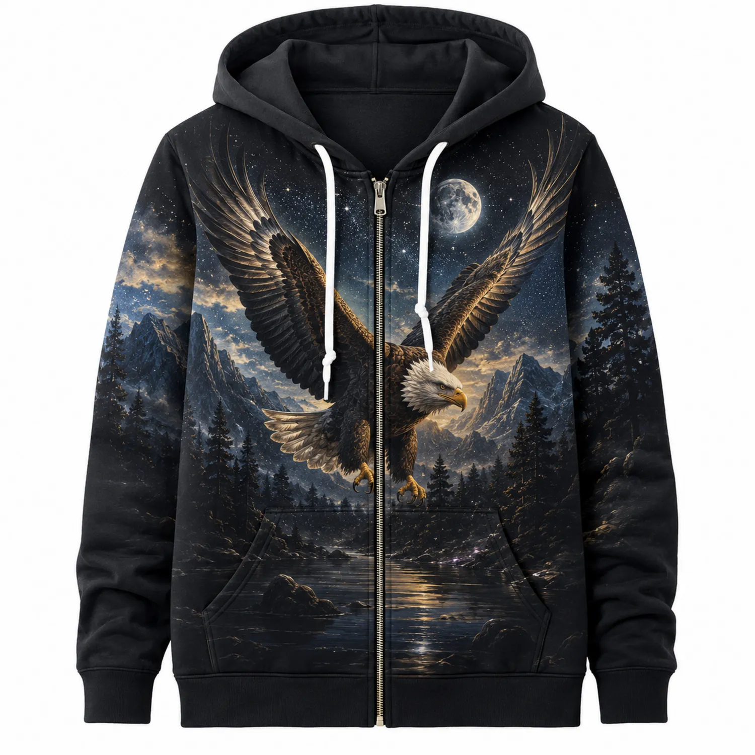 Schwarzer Hoodie mit Adler-Motiv und Vollmond-Hauslivingart