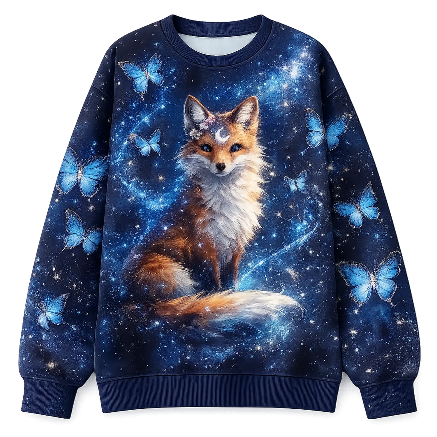 Damen Sweatshirt mit Fuchs und Schmetterlingsmuster, Galaxie Blau-Hauslivingart