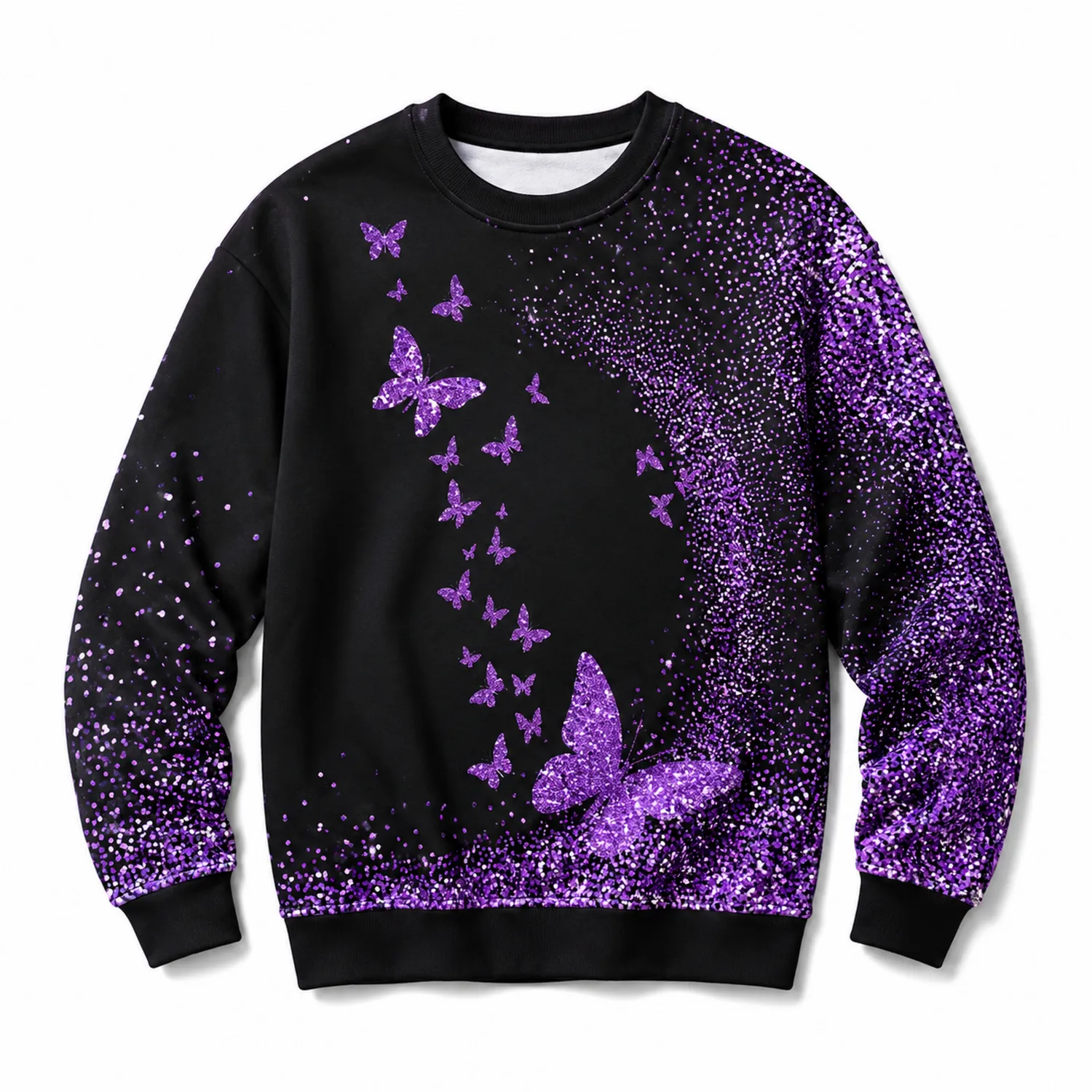 Damenpullover Schwarz mit Lila Schmetterlingsmuster-Hauslivingart