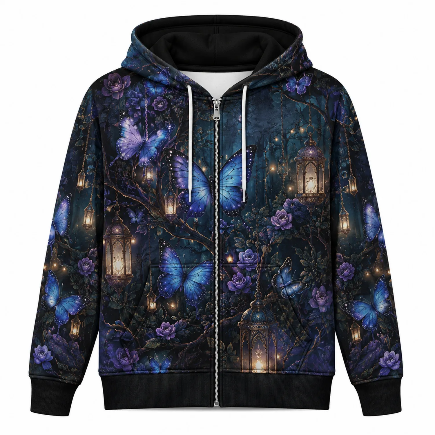 Blaue Kapuzenjacke mit Schmetterlings- und Laternenmotiv-Hauslivingart