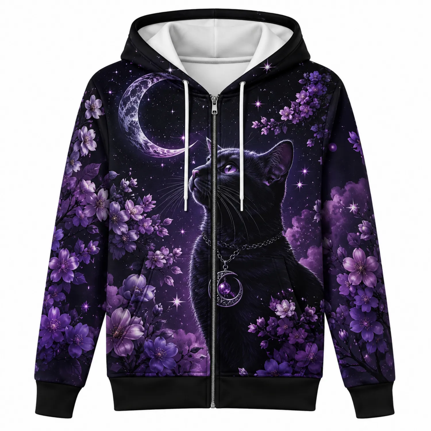Kapuzenpullover mit 3D-Katzen- und Mondmotiv in Lila Schwarz-Hauslivingart