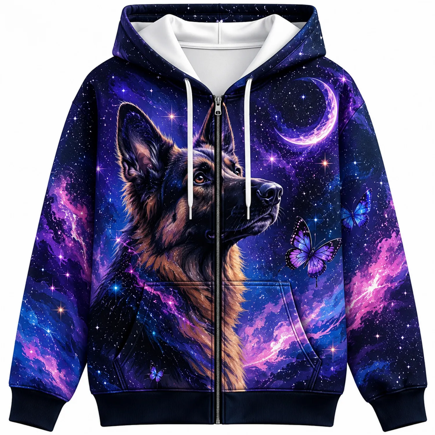 3D Galaxy Kapuzenpullover mit Hund und Schmetterling Reißverschluss Lila-Hauslivingart