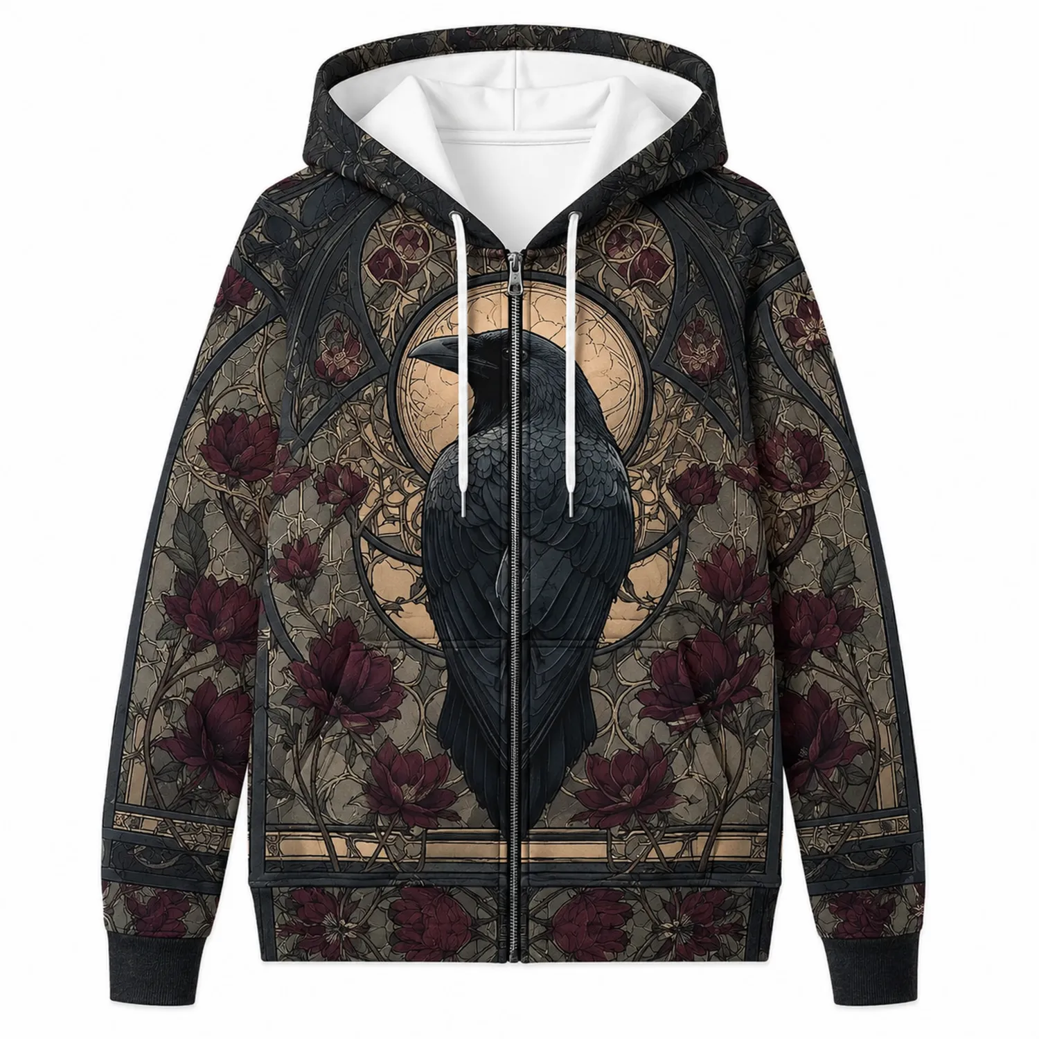 Hoodie mit Rabenmuster Reißverschluss Unisex Schwarz und Burgunderrot-Hauslivingart
