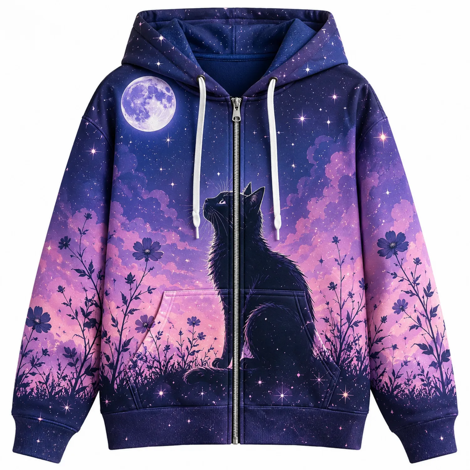 Kapuzensweatshirt mit Katzen- und Nachthimmel-Motiv in Violett-Hauslivingart