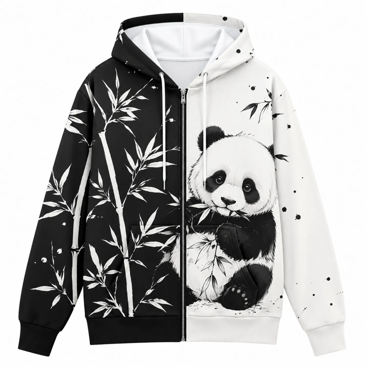 Pandahoodie mit Reißverschluss und Bambusdesign in Schwarz/Weiß-Hauslivingart