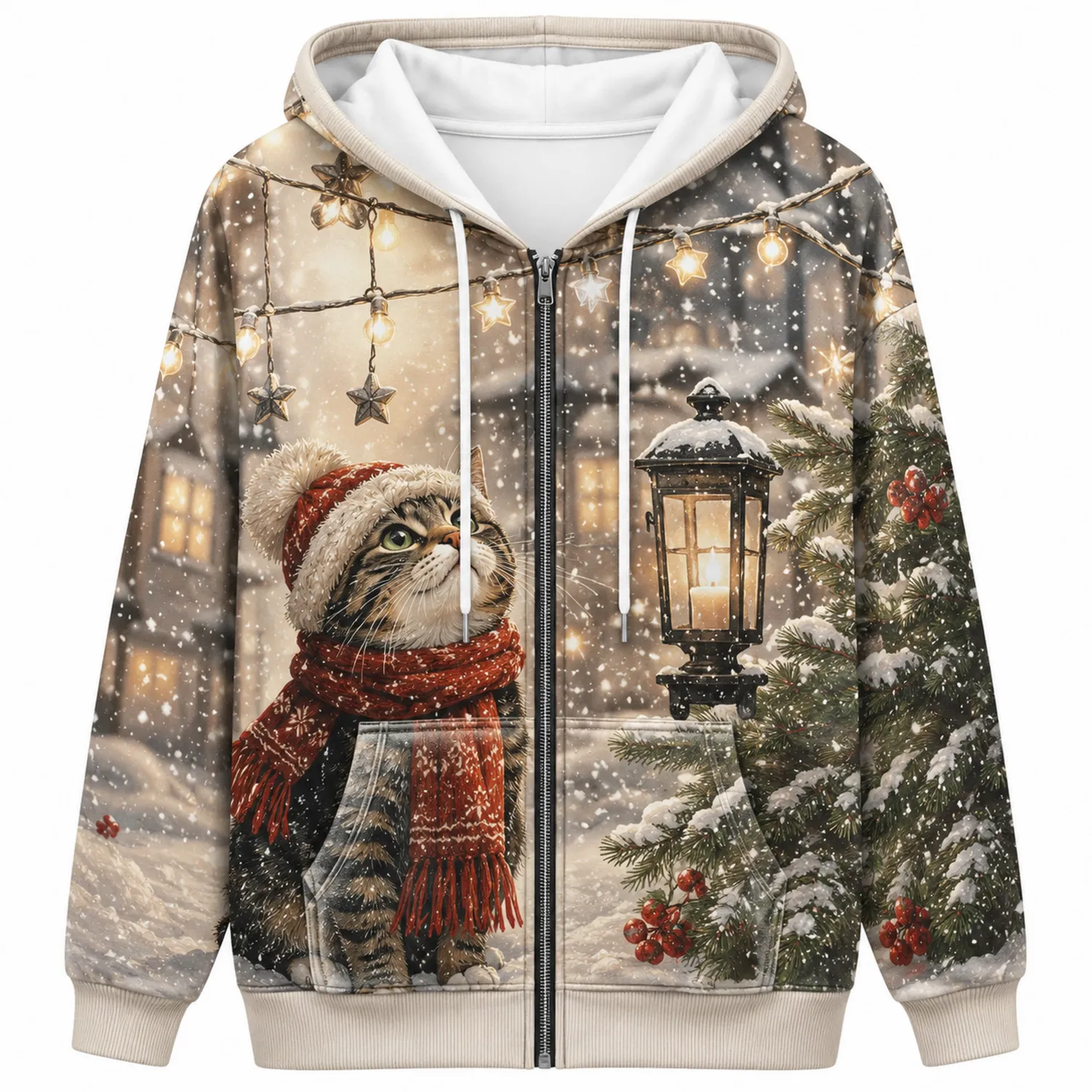 Winter Kapuzenjacke mit Katzenmotiv und Weihnachtsdekor Beige-Hauslivingart