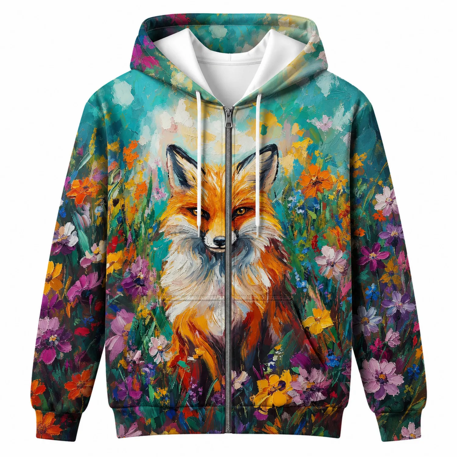 Hoodie mit Reißverschluss, Fuchs- und Blumenmuster, Bunt-Hauslivingart
