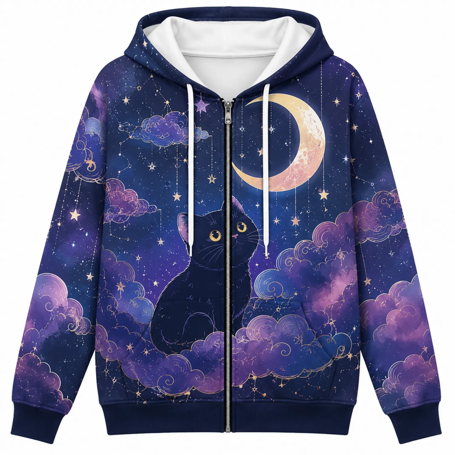 Damen Kapuzenpullover mit Reißverschluss Nachtblau Mond und Katze Motiv-Hauslivingart