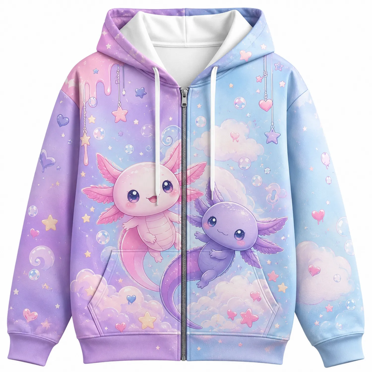 Kinder Hoodie mit niedlichem Axolotl Motiv in Pastell Rosa Blau Lila-Hauslivingart