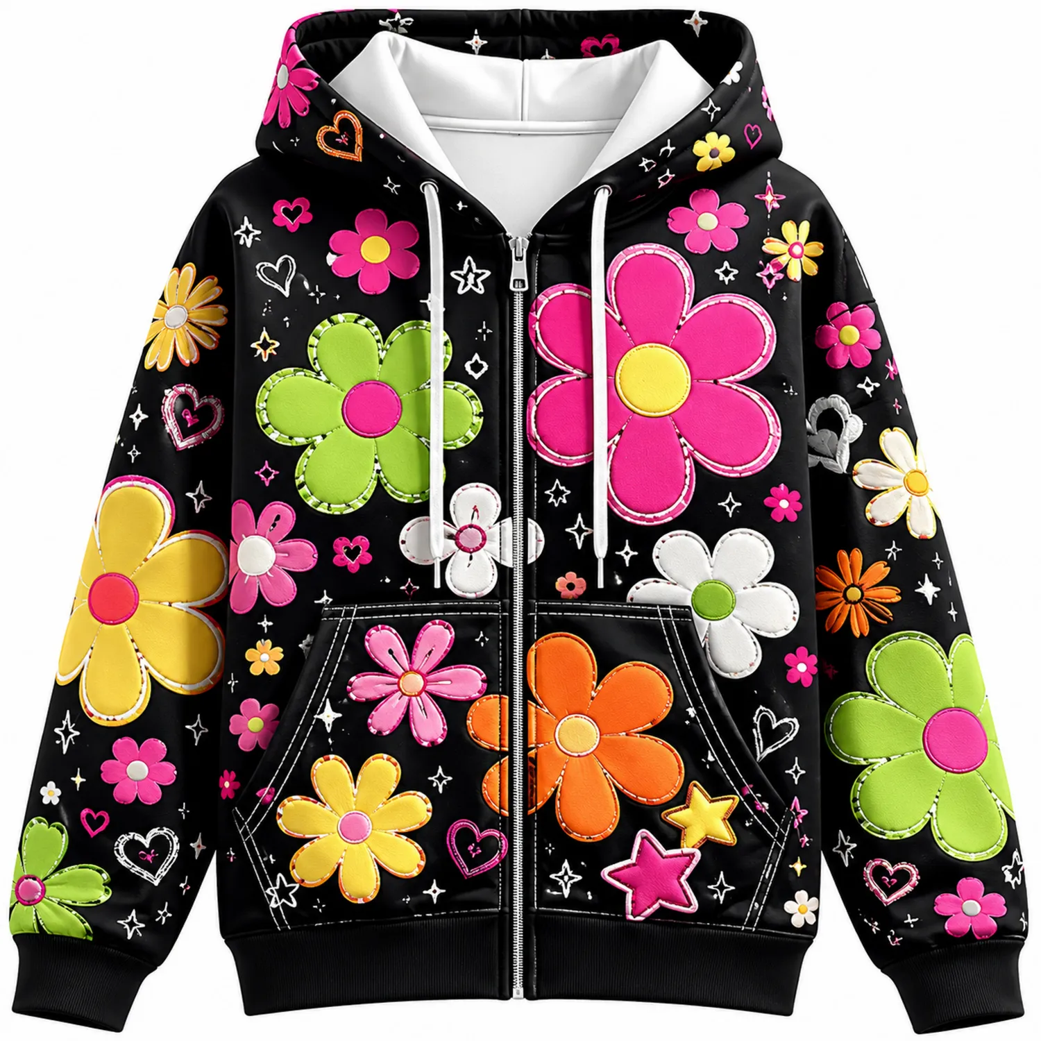Kapuzensweatshirt mit Blumenmuster und Reißverschluss, Schwarz Bunt-Hauslivingart