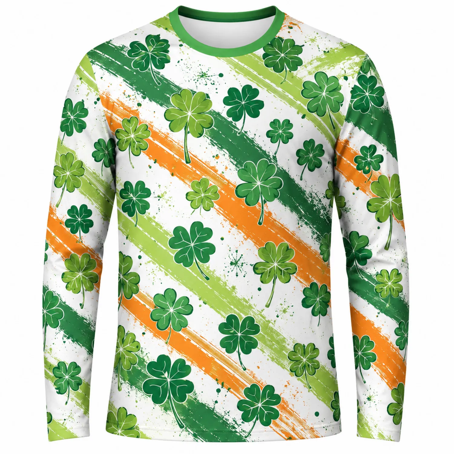 Langarmshirt mit Kleeblatt-Muster in Grün und Orange-Hauslivingart
