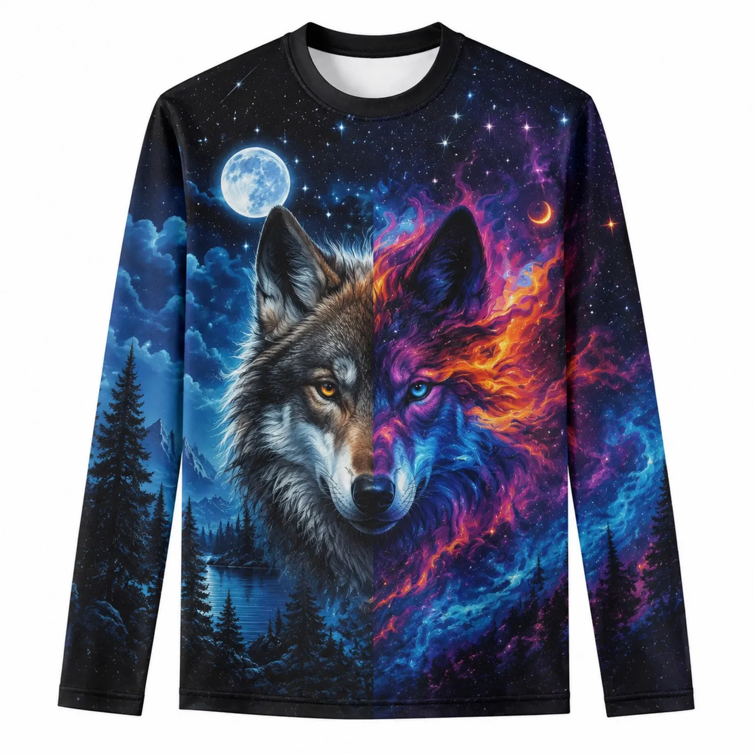 Unisex Langarmshirt mit Wolf- und Feuer-Mond-Motiv in Blau/Orange/Schwarz-Hauslivingart