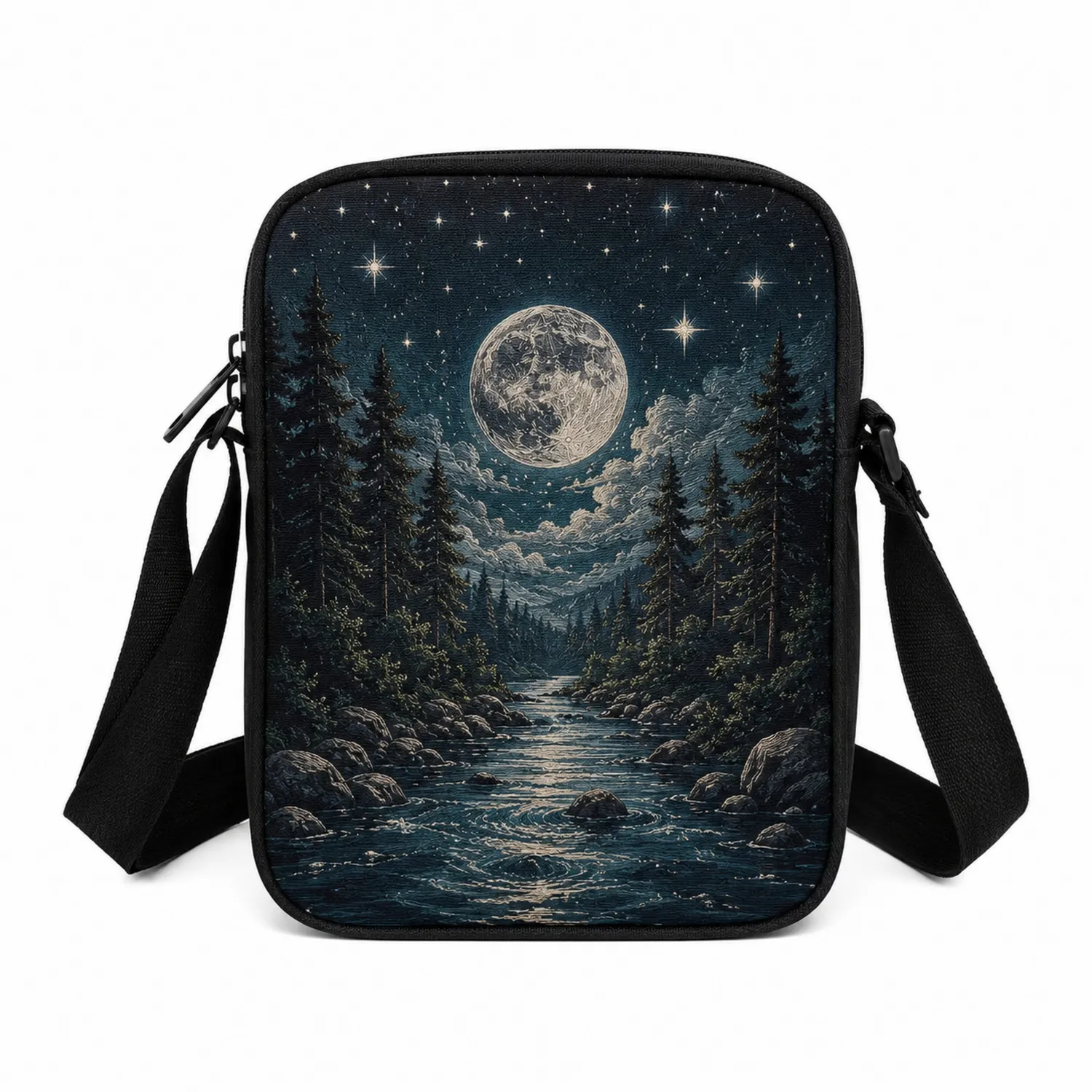 Schwarze Umhängetasche mit Mond- und Waldmotiv-Hauslivingart