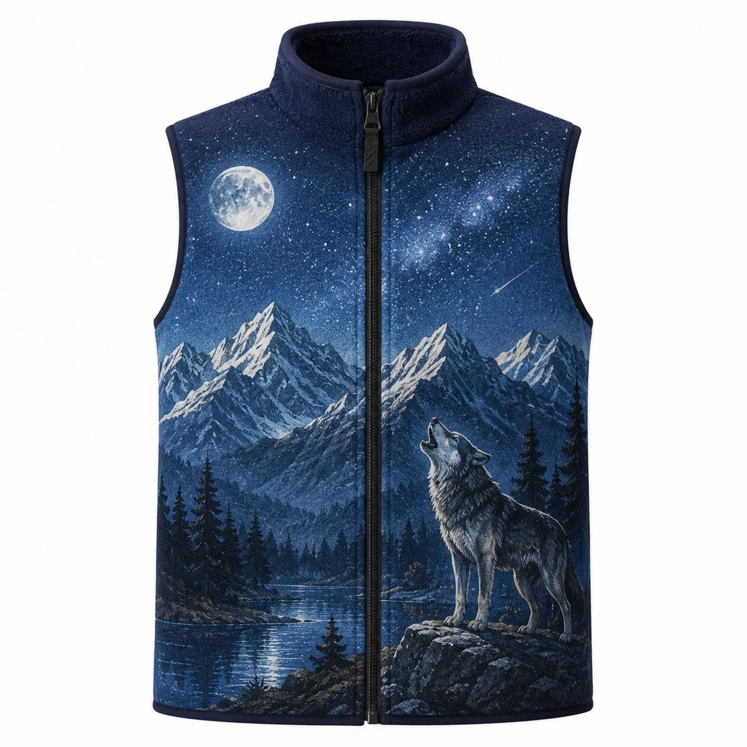 Herren Fleeceweste mit Reißverschluss Wolf Mond Berg Blau-Hauslivingart