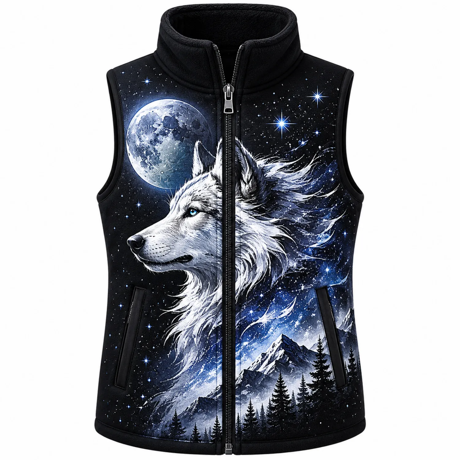 Unisex Weste mit Wolfsmotiv und Mond Schwarz-Hauslivingart