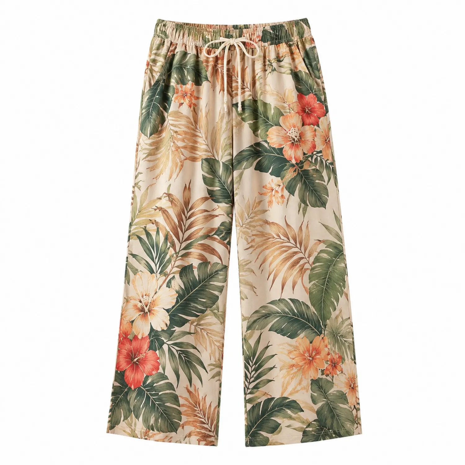 Pantaloni a Gamba Larga Floreali Tropicali con Vita Elastica