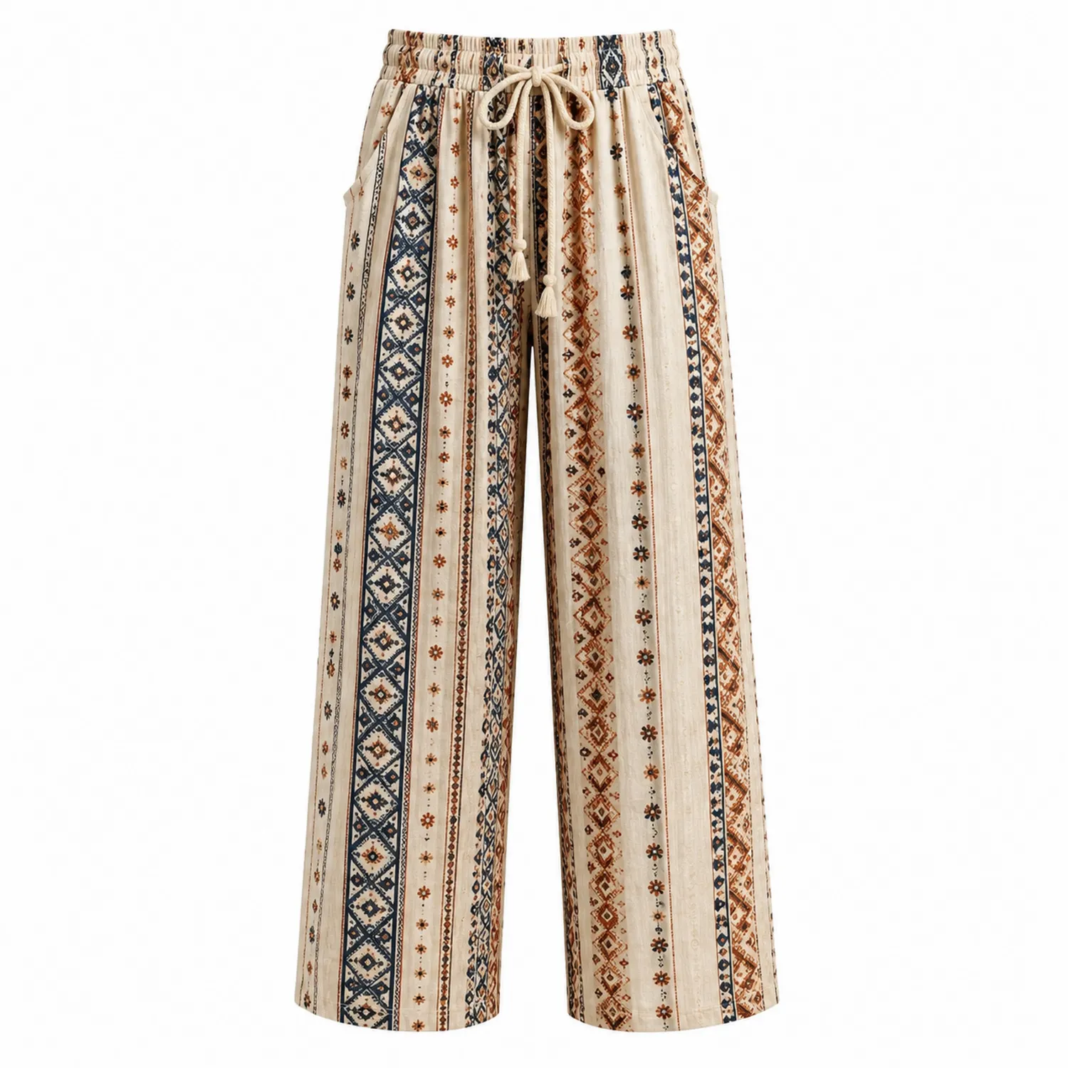 Pantaloni a Gamba Larga con Stampa Geometrica - Beige/Marrone/Blu