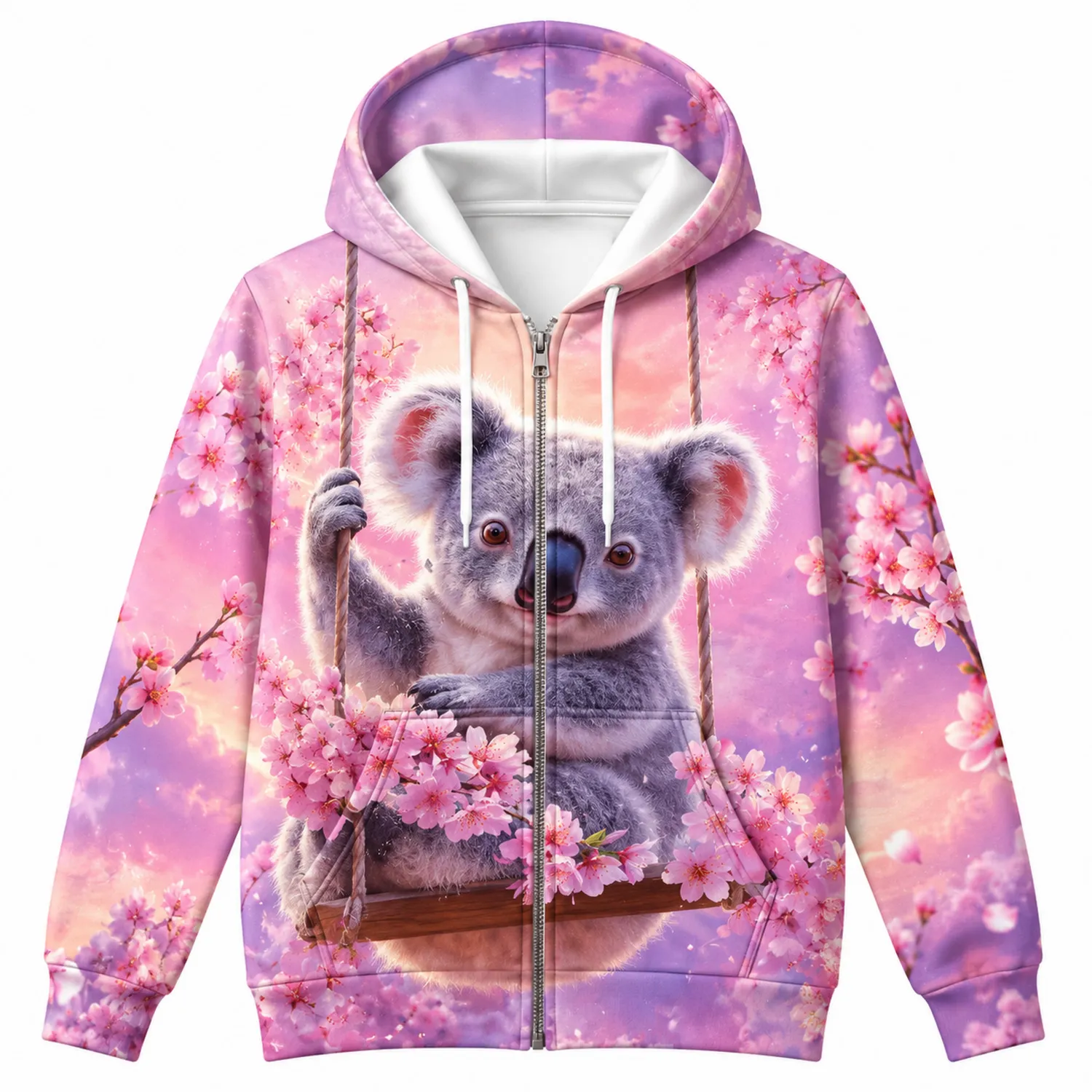 Felpa con Cappuccio Rosa Stampa 3D Koala e Fiori di Ciliegio con Zip