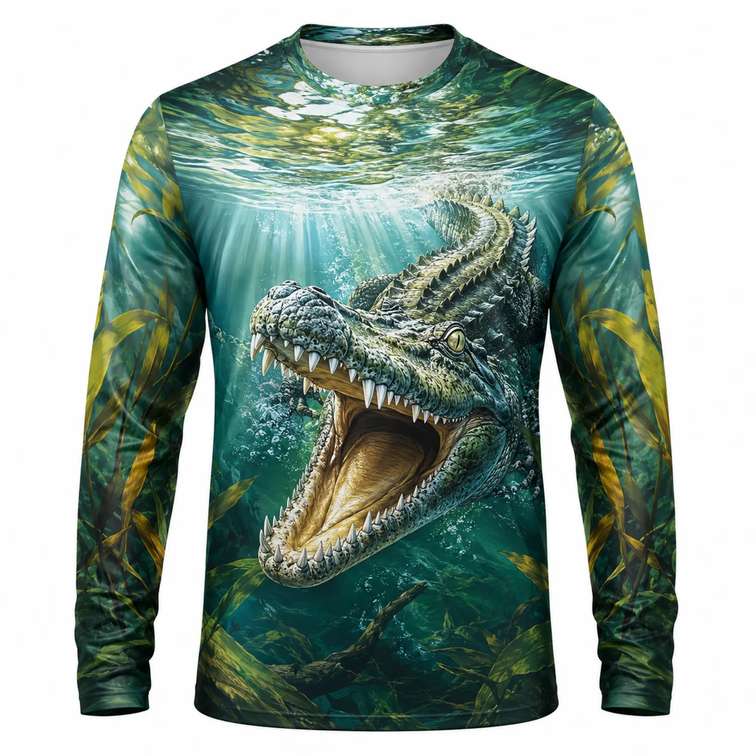 Maglia a Maniche Lunghe con Stampa Realistica di Coccodrillo Verde