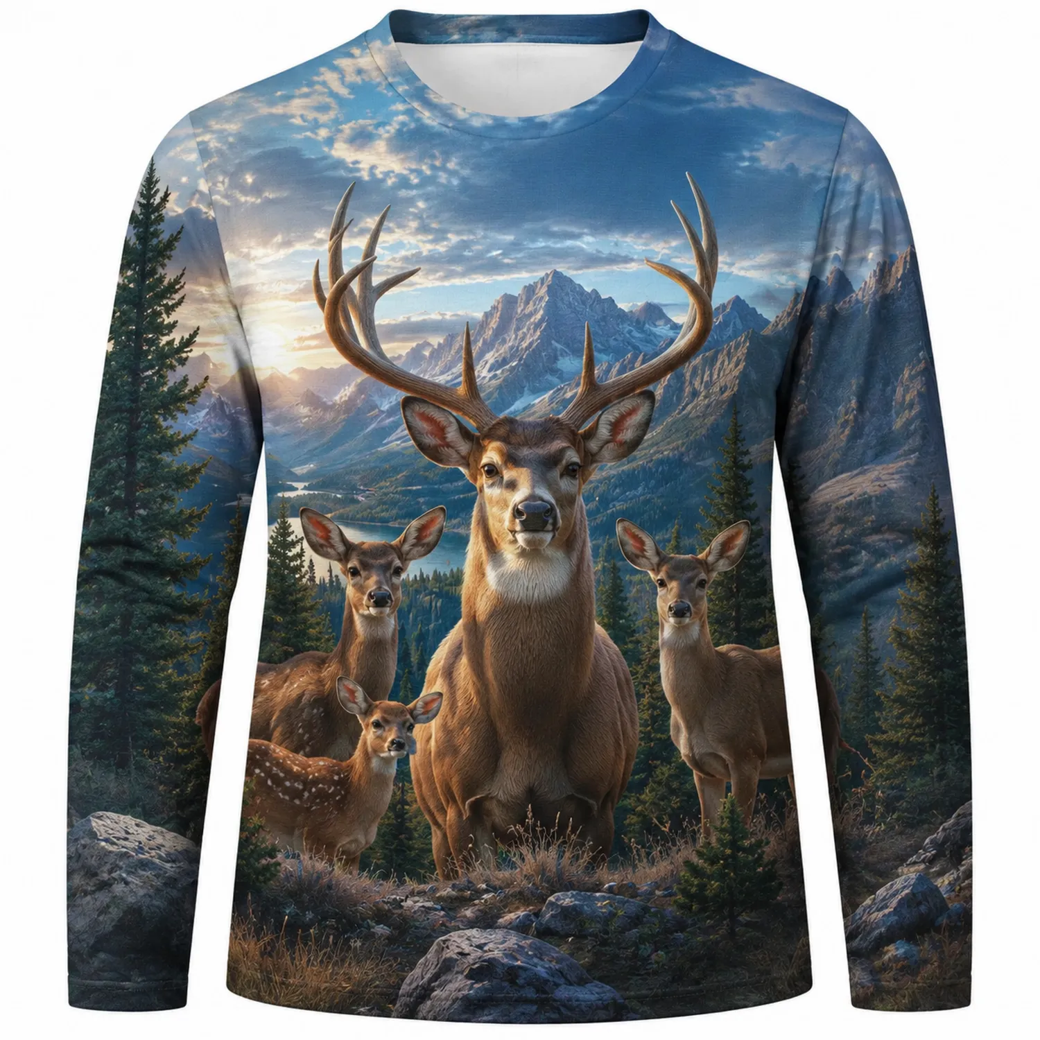 Maglia a Manica Lunga con Stampa di Cervo su Sfondo Montano