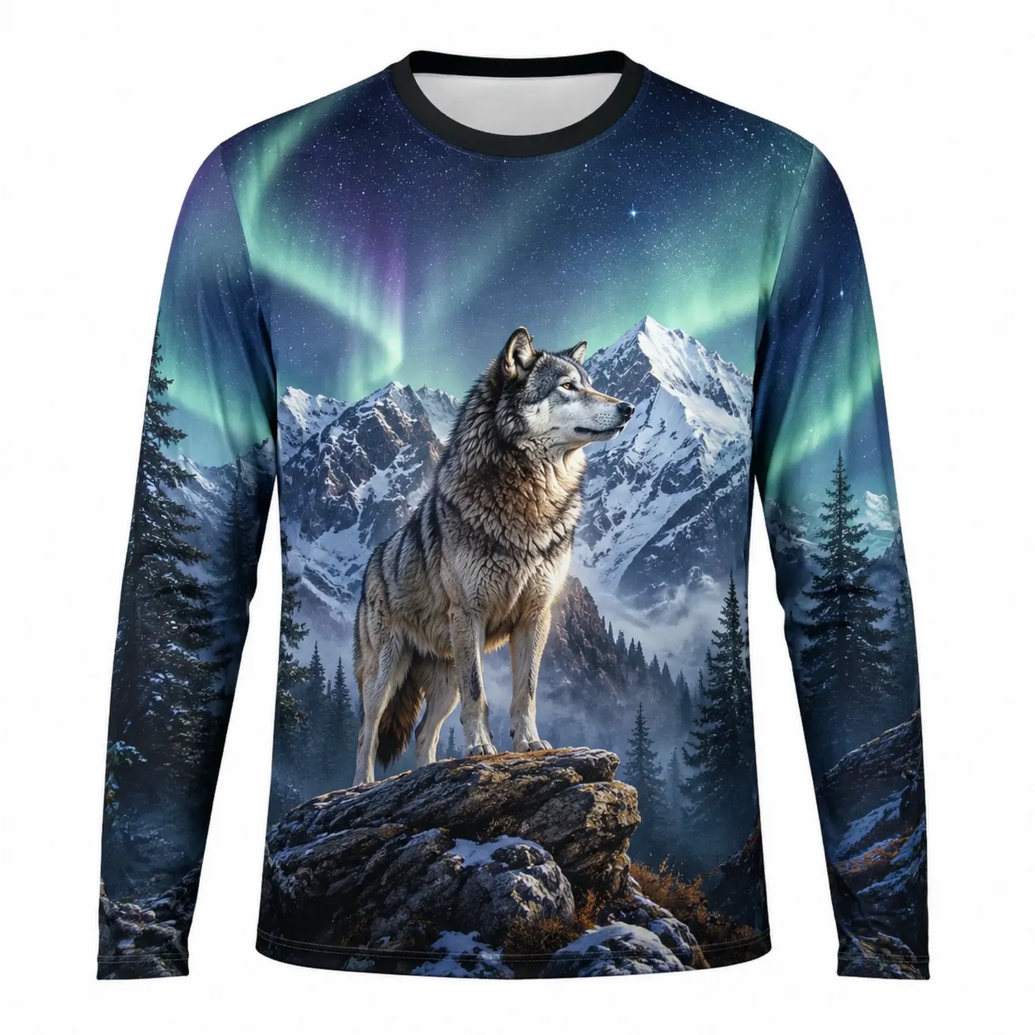 Maglia a Manica Lunga con Stampa Lupo sotto Aurora Boreale