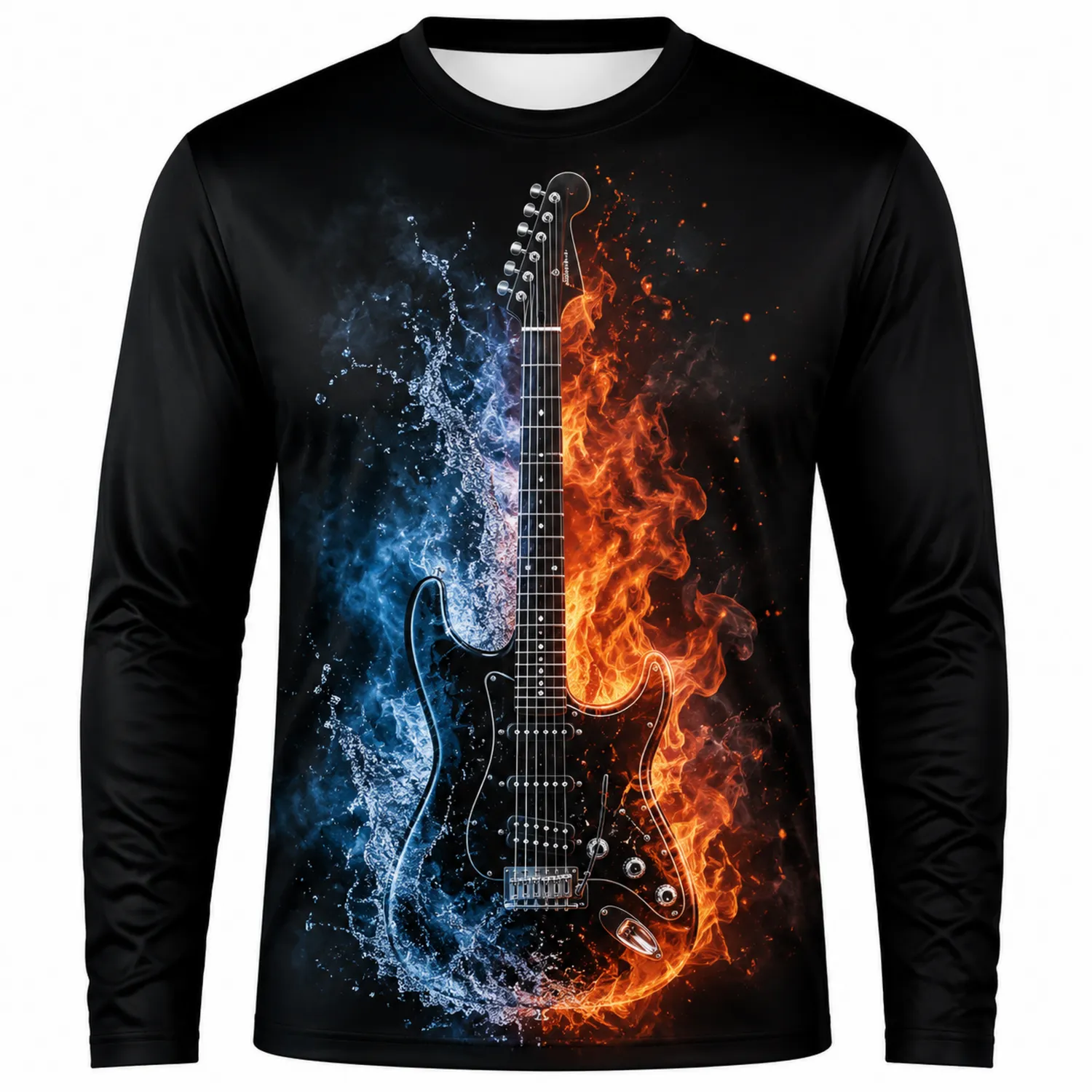Maglietta a Maniche Lunghe Chitarra Elettrica Fuoco e Acqua Nero