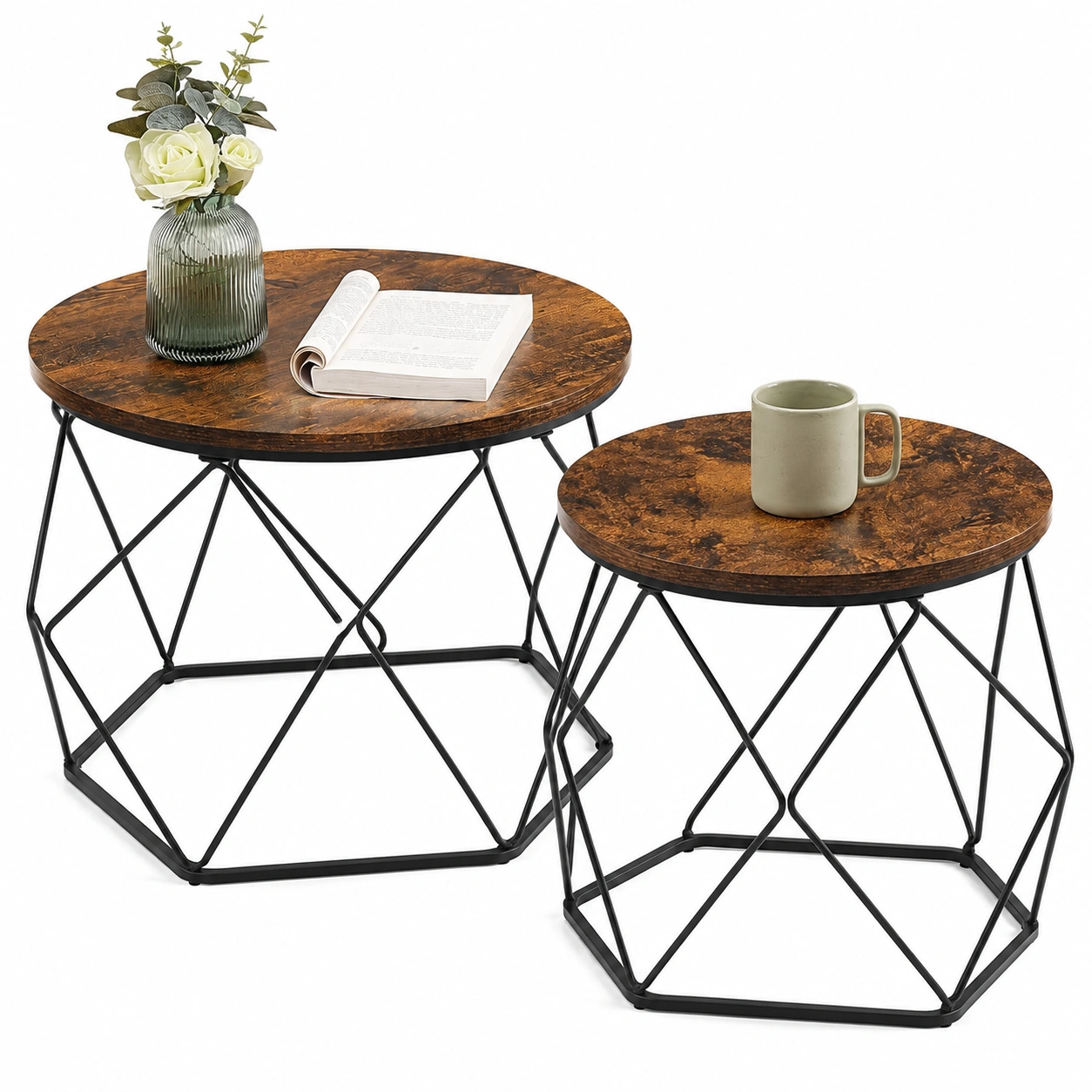 Beistelltisch-Set, rund, Vintage-Stil, abnehmbare Platten, Wohnzimmer, braun-schwarz
